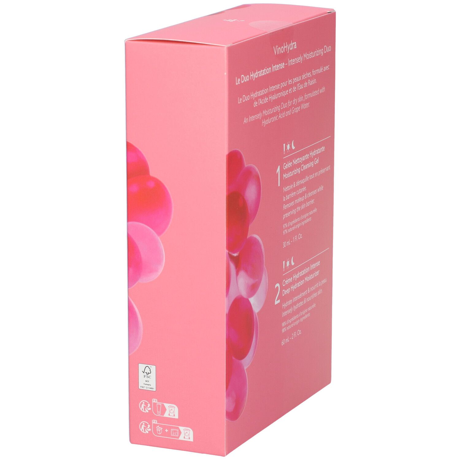 Scatola regalo rosa con logo Caudalie. Scritta: VinoHydra. Retro con informazioni sul prodotto e illustrazioni.