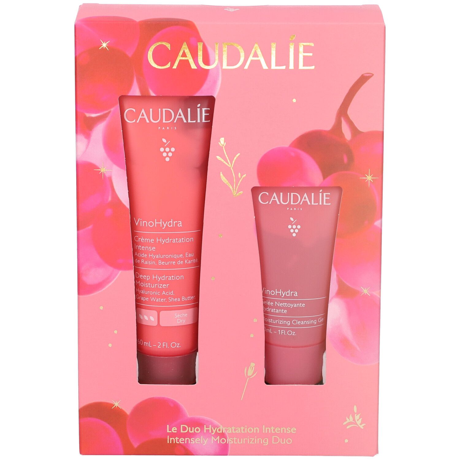 Cofanetto Caudalie con due tubi rosa. Scritta: VinoHydra. Confezione rosa con design a grappoli d'uva.