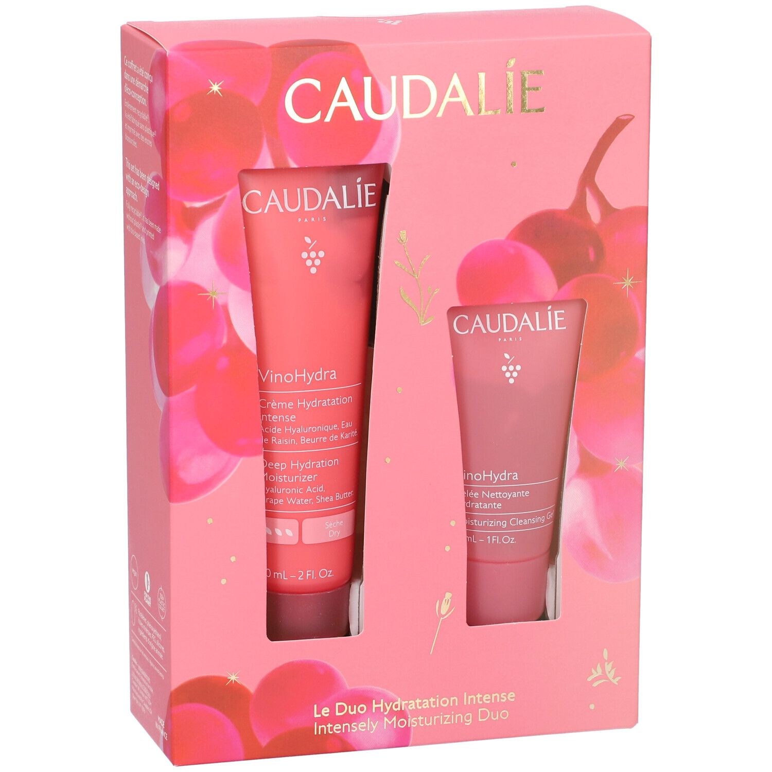 Cofanetto Caudalie con due tubi rosa. Scritta: VinoHydra. Confezione rosa con design a grappoli d'uva.