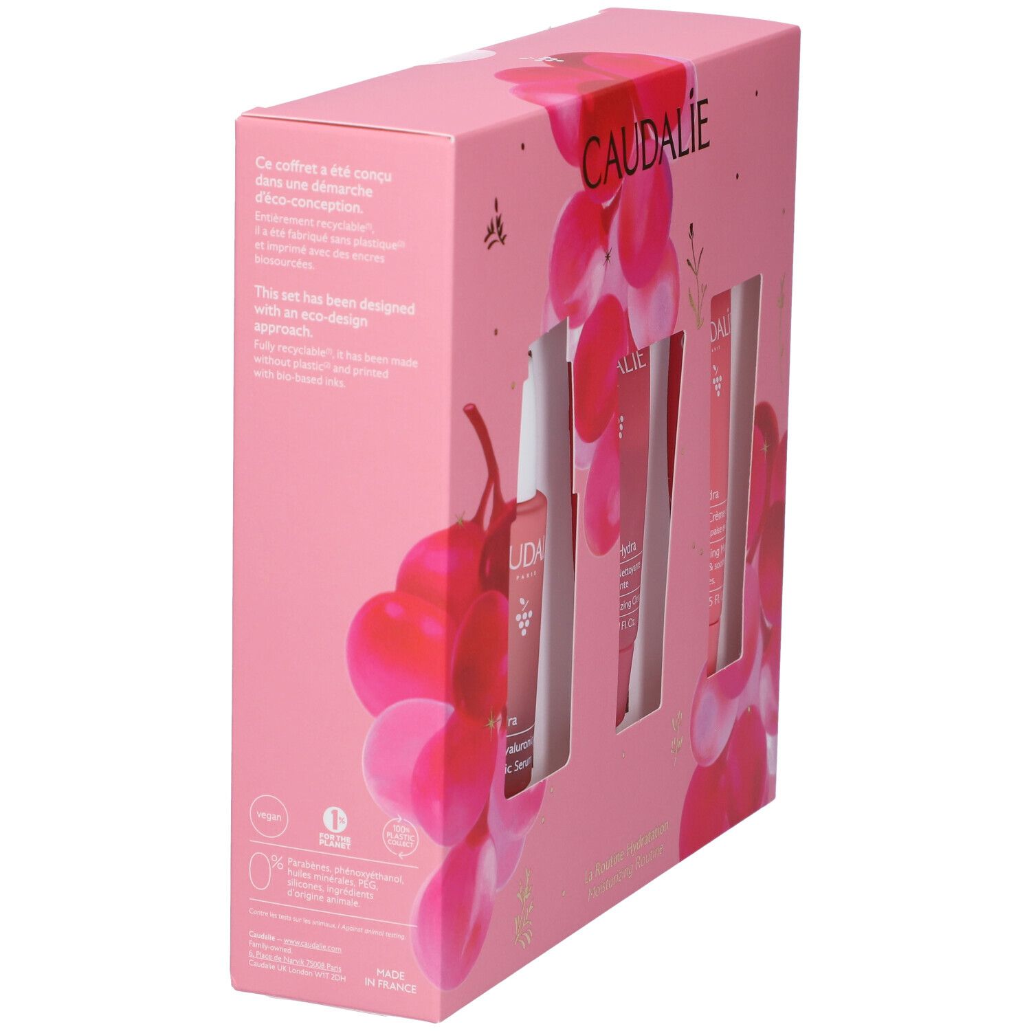 Retro della confezione rosa Caudalie. Testo: La Routine Hydratation, ingredienti, utilizzo.