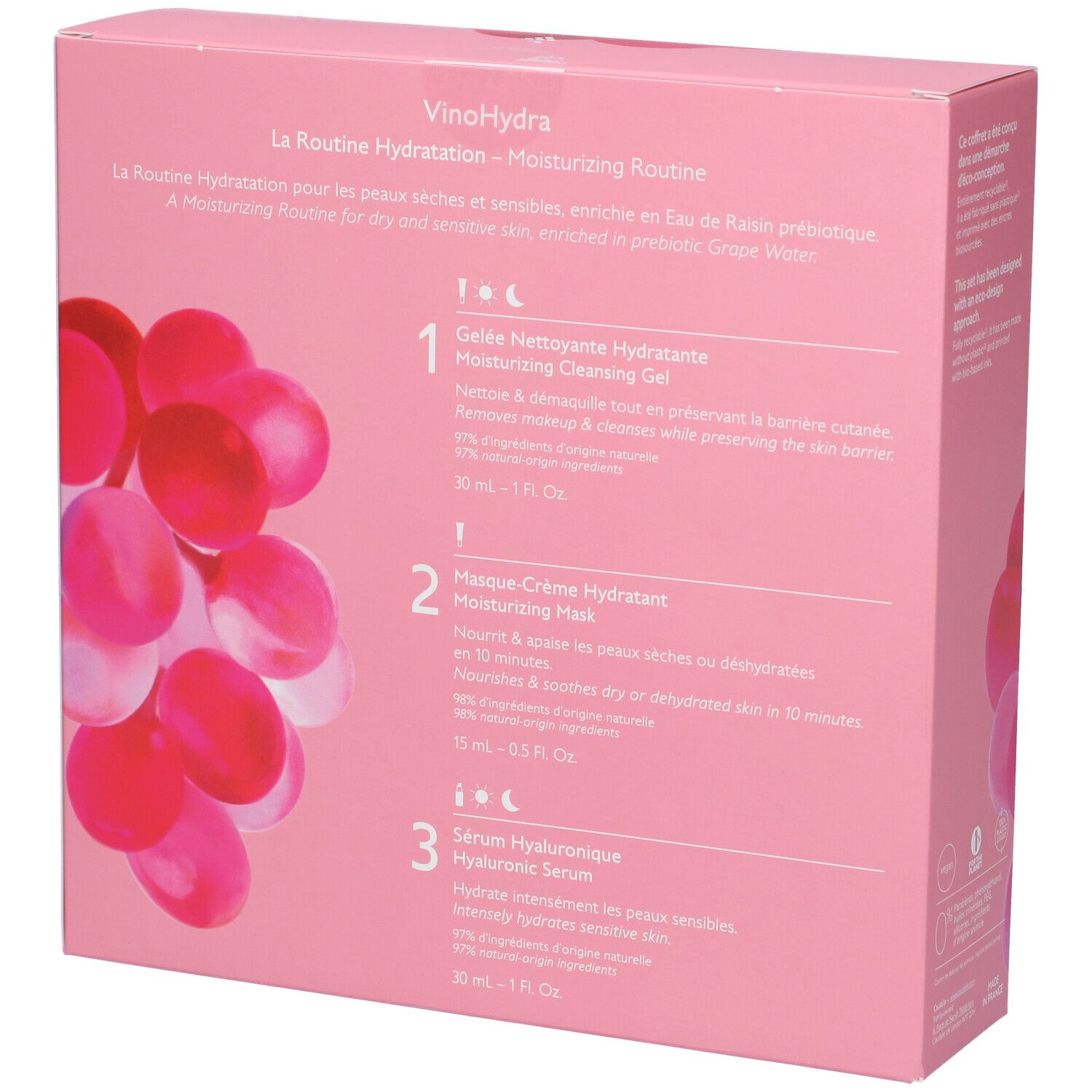 Retro della confezione rosa Caudalie. Testo: La Routine Hydratation, ingredienti, utilizzo.