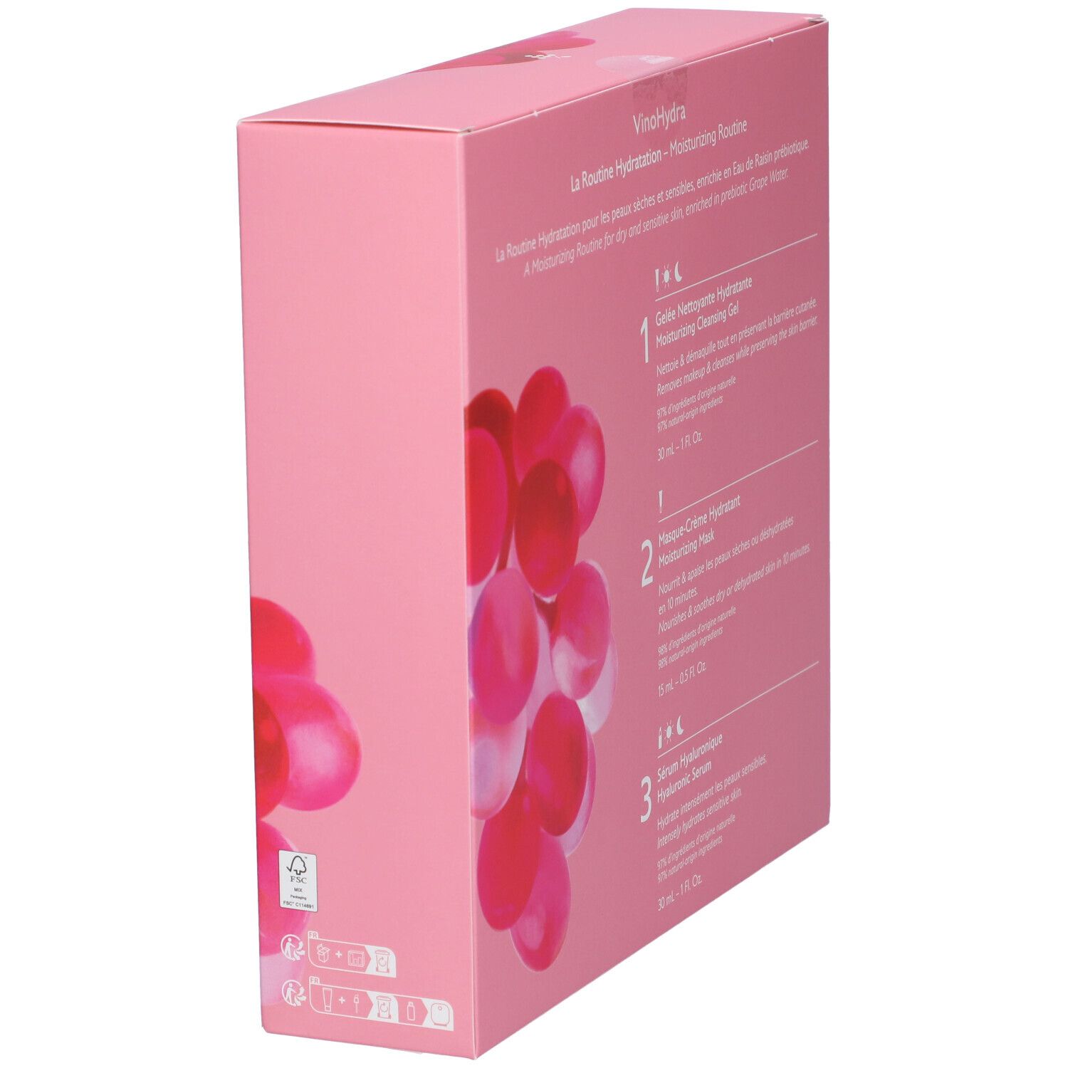 Retro della confezione rosa Caudalie. Testo: La Routine Hydratation, ingredienti, utilizzo.