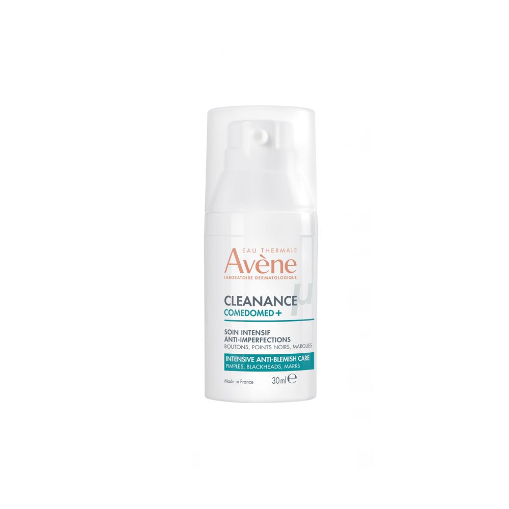 Flacone bianco con dosatore. Scritta: Eau Thermale Avène, Cleanance Comedomed+. Trattamento anti-imperfezioni. 30ml.