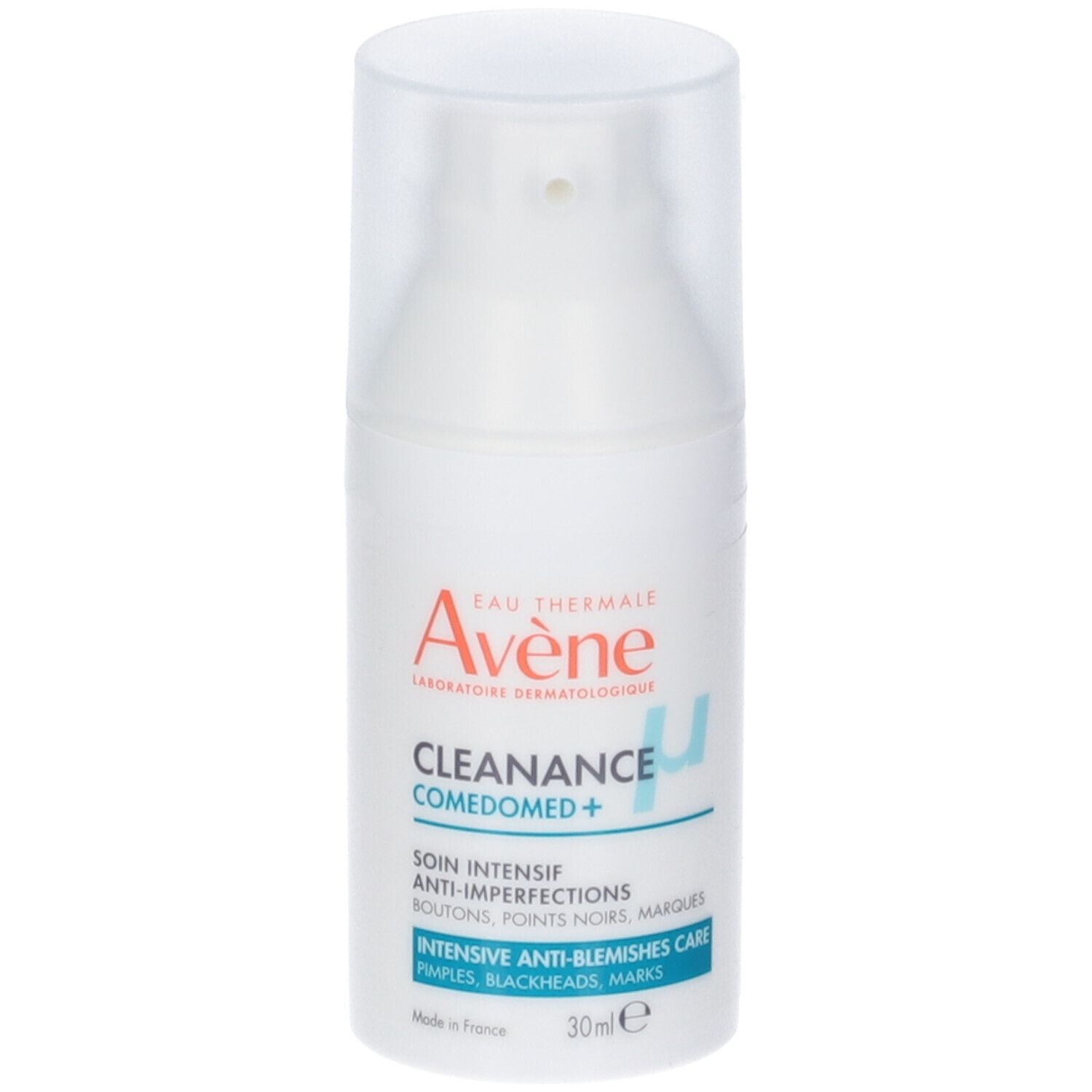 Flacone. Scritta: Eau Thermale Avène, Cleanance Comedomed+. Trattamento anti-imperfezioni. 30ml.