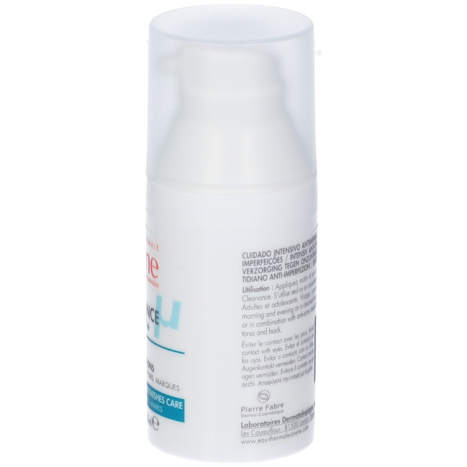 Flacone. Scritta: Eau Thermale Avène, Cleanance Comedomed+. Trattamento anti-imperfezioni. 30ml.