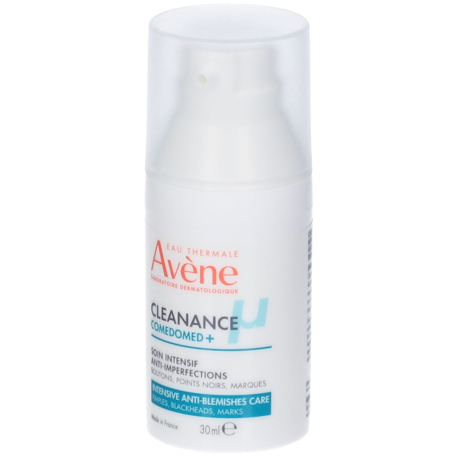 Flacone. Scritta: Eau Thermale Avène, Cleanance Comedomed+. Trattamento anti-imperfezioni. 30ml.