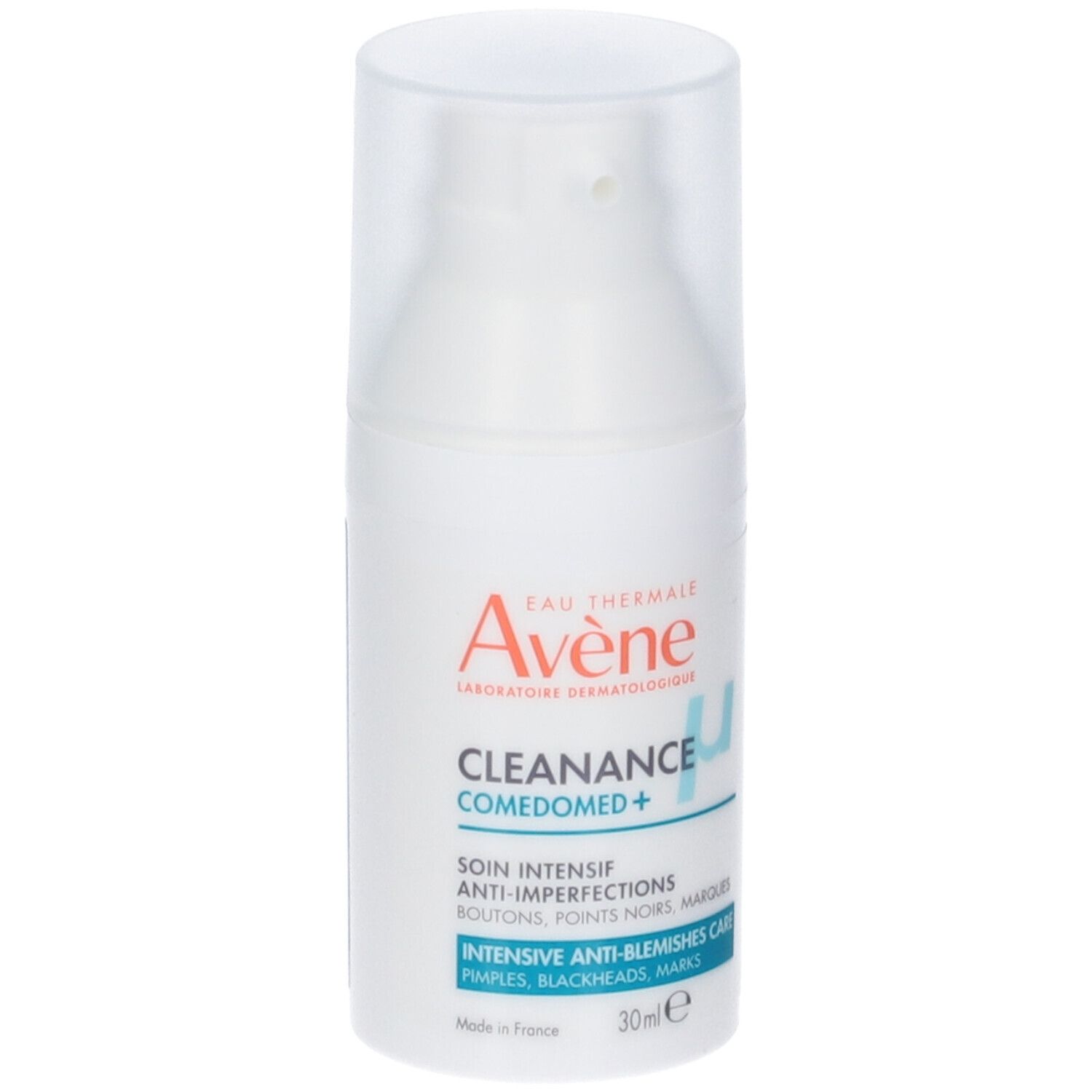 Flacone e confezione. Scritta: Eau Thermale Avène, Cleanance Comedomed+. 30ml.