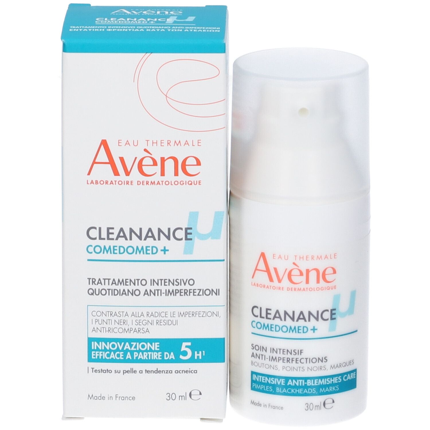 Confezione. Scritta: Eau Thermale Avène, Cleanance Comedomed+. Trattamento anti-imperfezioni. 30ml.