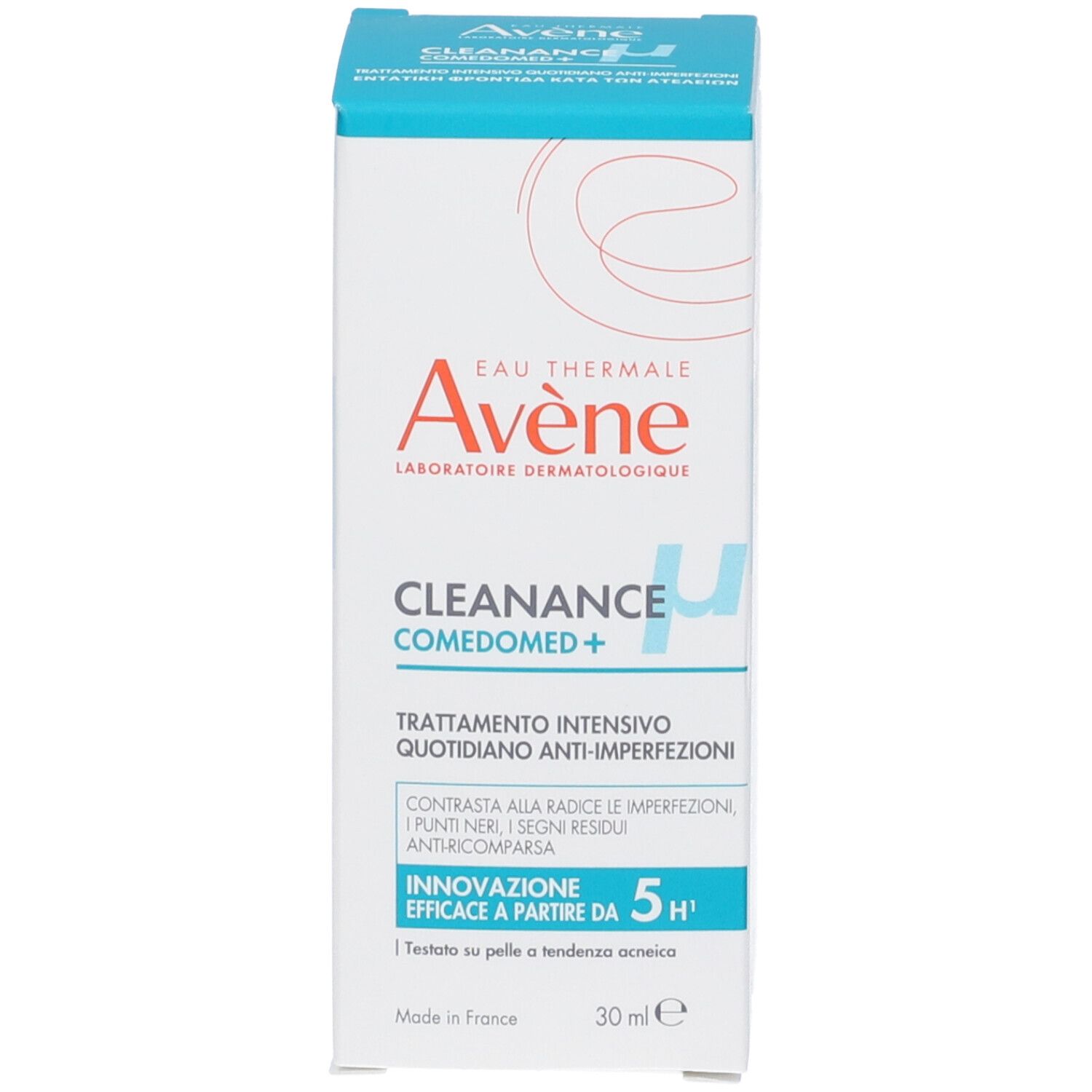 Flacone e confezione. Scritta: Eau Thermale Avène, Cleanance Comedomed+. 30ml.