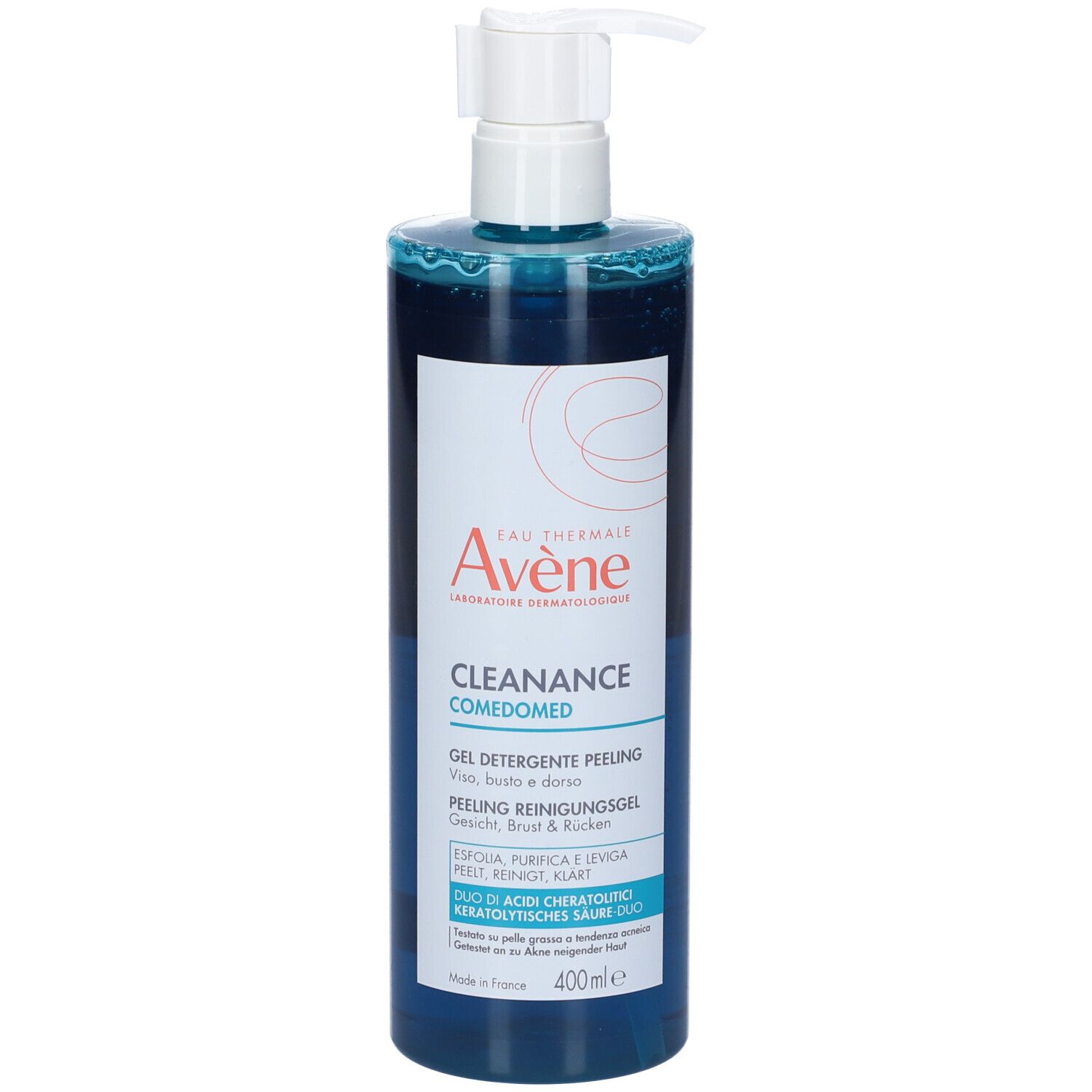 Gel blu in flacone con dosatore. Scritta: Eau Thermale Avène, Cleanance Comedomed. Gel per viso, petto e schiena.