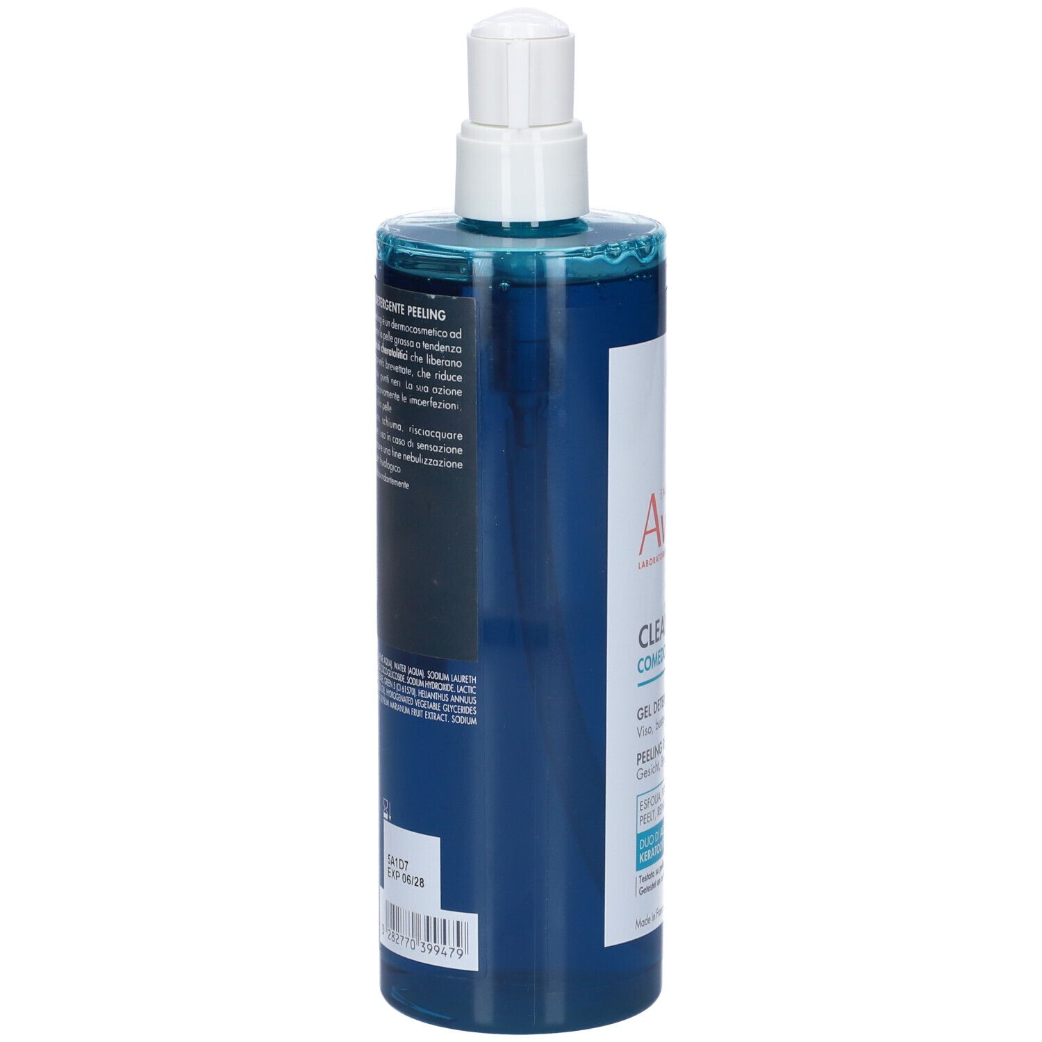 Retro del flacone blu con dosatore. Testo e codice a barre. Scritta: Eau Thermale Avène Cleanance Comedomed.