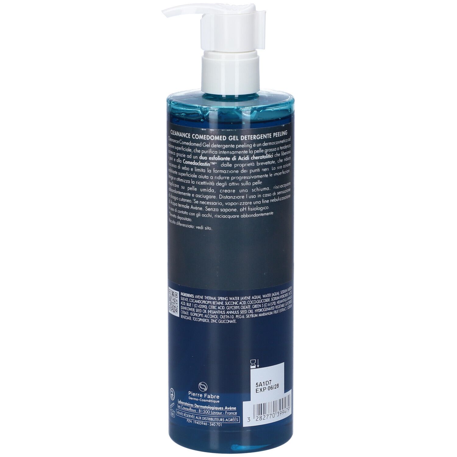 Retro del flacone blu con dosatore. Testo e codice a barre. Scritta: Eau Thermale Avène Cleanance Comedomed.
