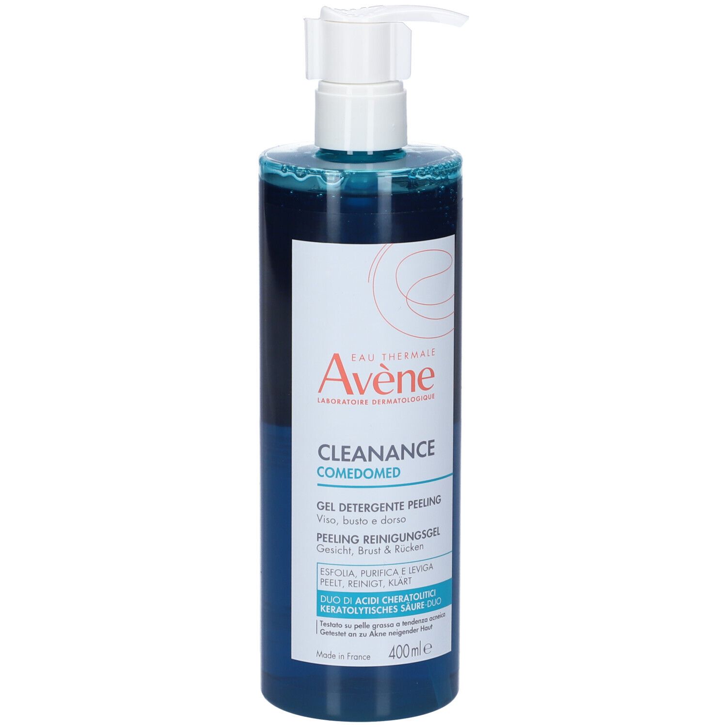 Gel blu in flacone con dosatore. Scritta: Eau Thermale Avène, Cleanance Comedomed. Gel per viso, petto e schiena.