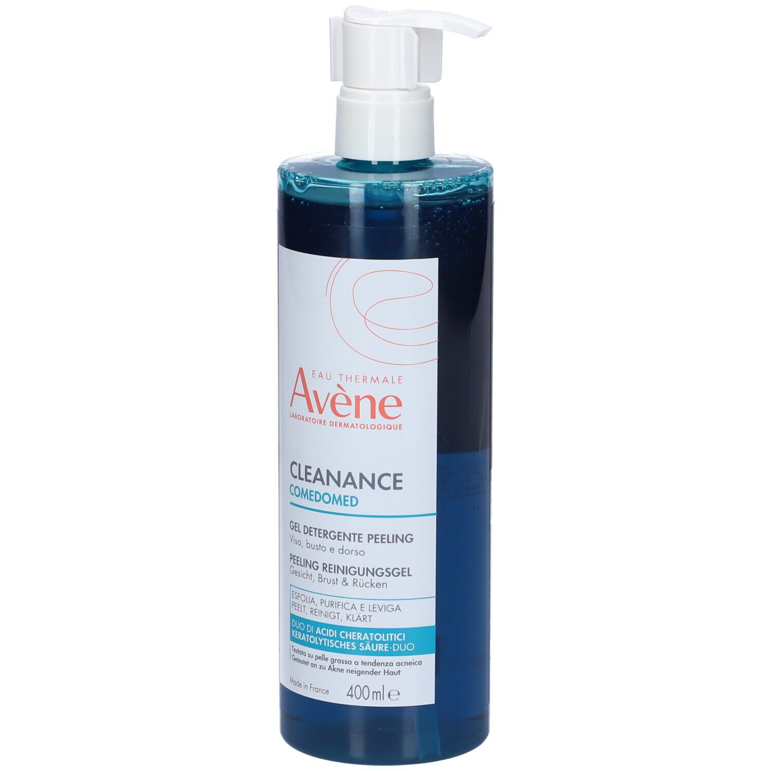 Retro del flacone blu con dosatore. Testo e codice a barre. Scritta: Eau Thermale Avène Cleanance Comedomed.