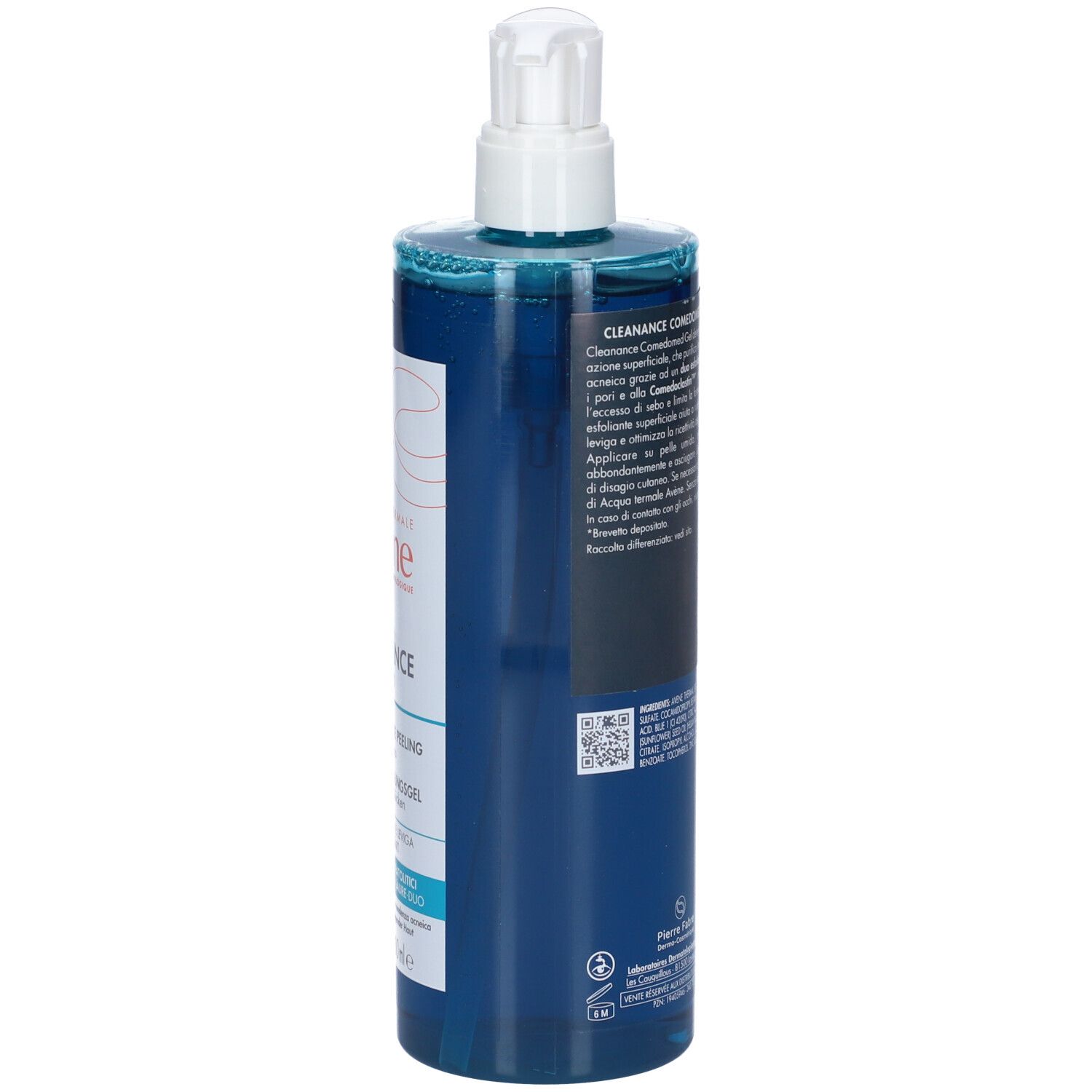 Retro del flacone blu con dosatore. Testo e codice a barre. Scritta: Eau Thermale Avène Cleanance Comedomed.