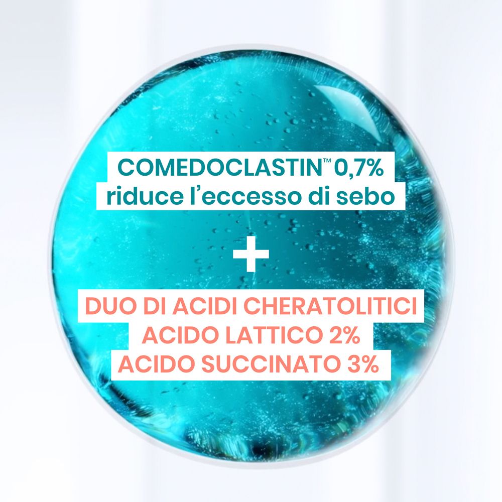 Cerchio blu con testo: Comedoclastin 0,7% riduce l'eccesso di sebo + Duo di acidi cheratolitici. Testo bianco.