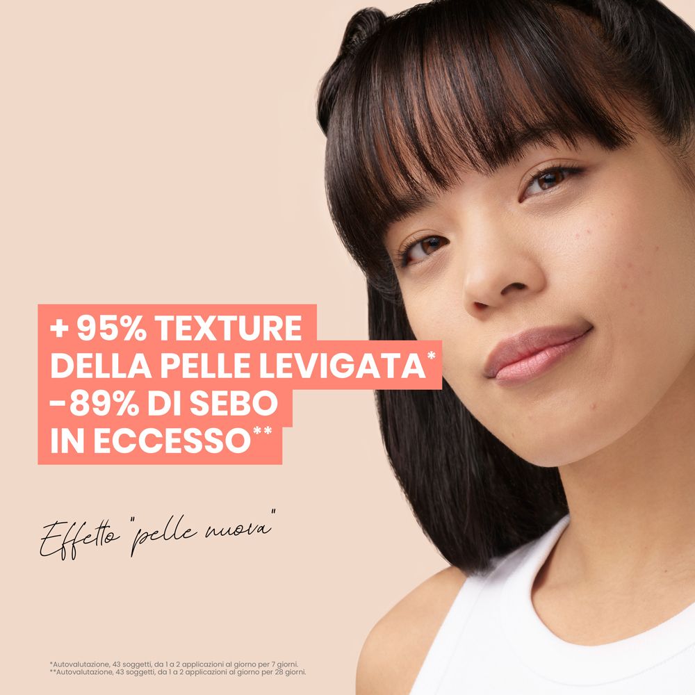 Viso di donna. Testo: +95% Texture della pelle levigata. -89% di sebo in eccesso. Effetto pelle nuova.