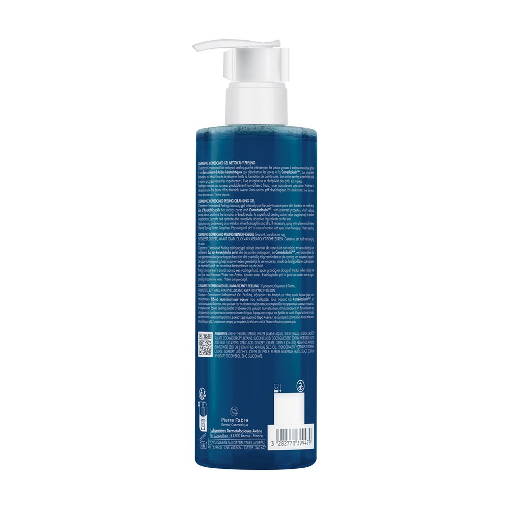Retro del flacone blu con dosatore. Testo e codice a barre. Scritta: Eau Thermale Avène Cleanance Comedomed.