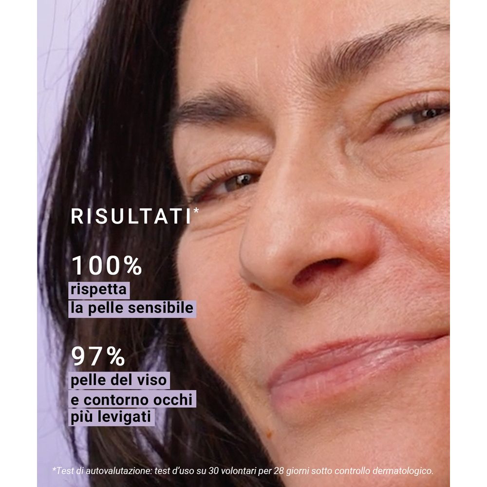 Viso di donna. Testo: 100% rispetta la pelle sensibile, 97% pelle del viso e contorno occhi più levigati.