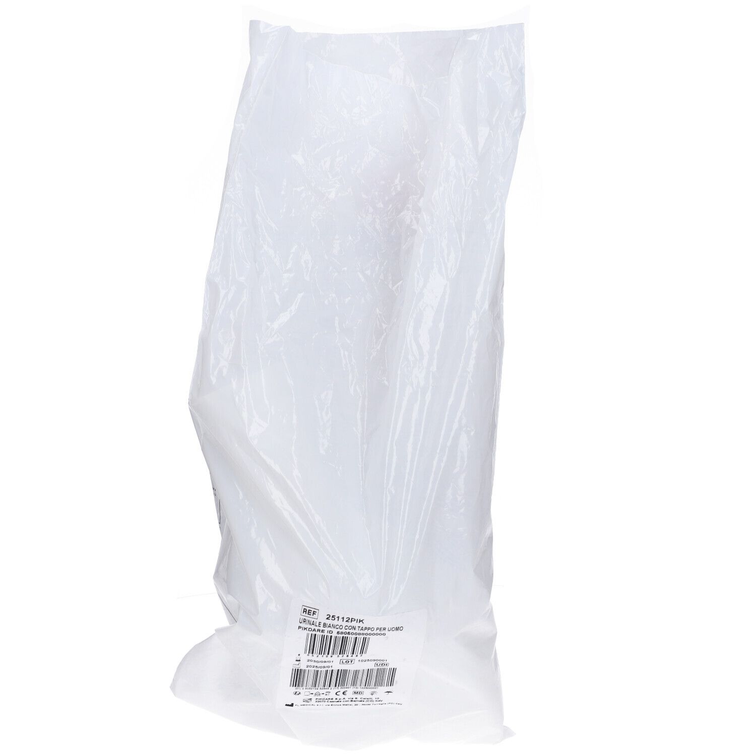 Sacchetto trasparente. Etichetta con codice a barre e testo. Confezione prodotto.