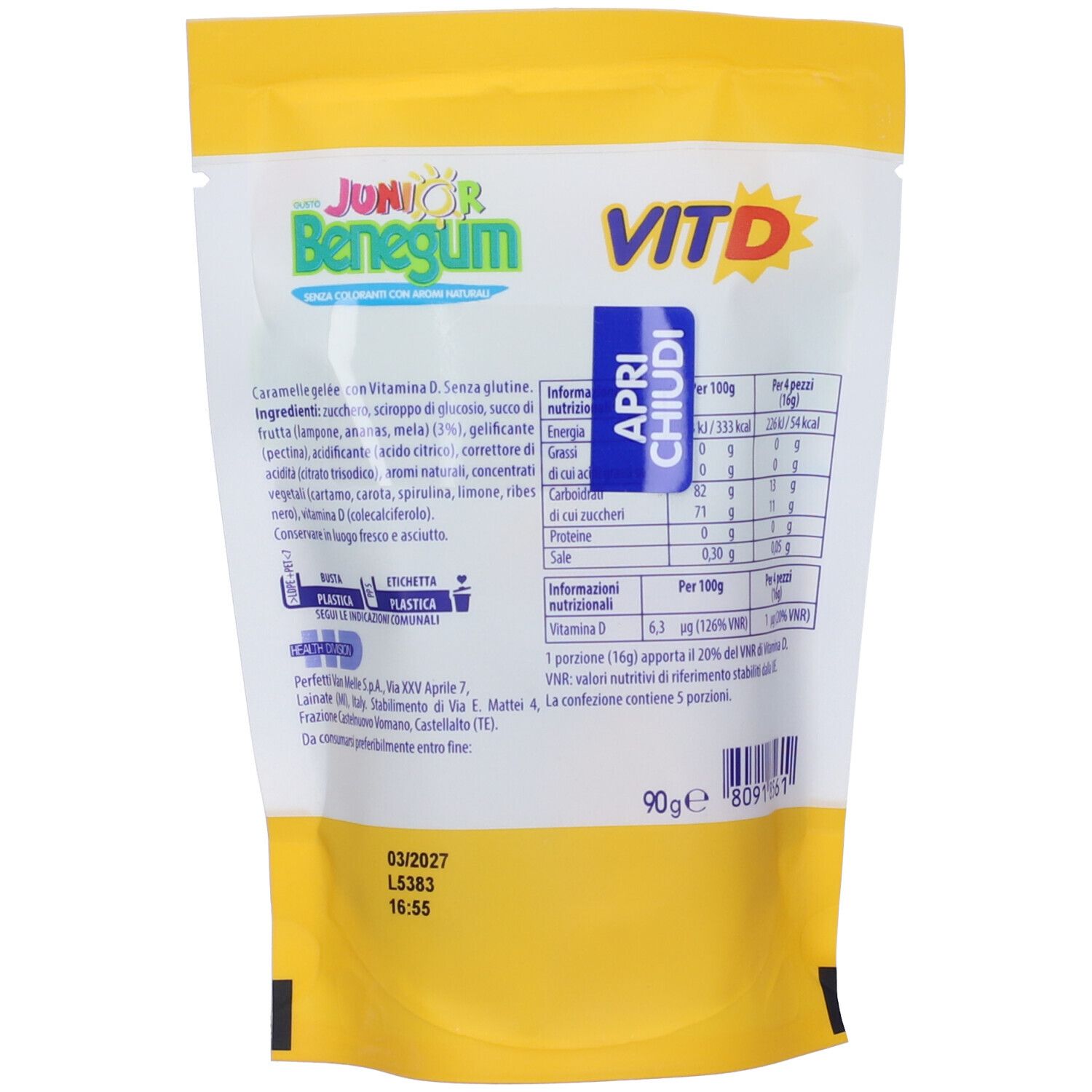 Retro della confezione. Scritta: Junior, Benegum, Vit D. Informazioni nutrizionali. Contiene 90g. Con chiusura richiudibile.