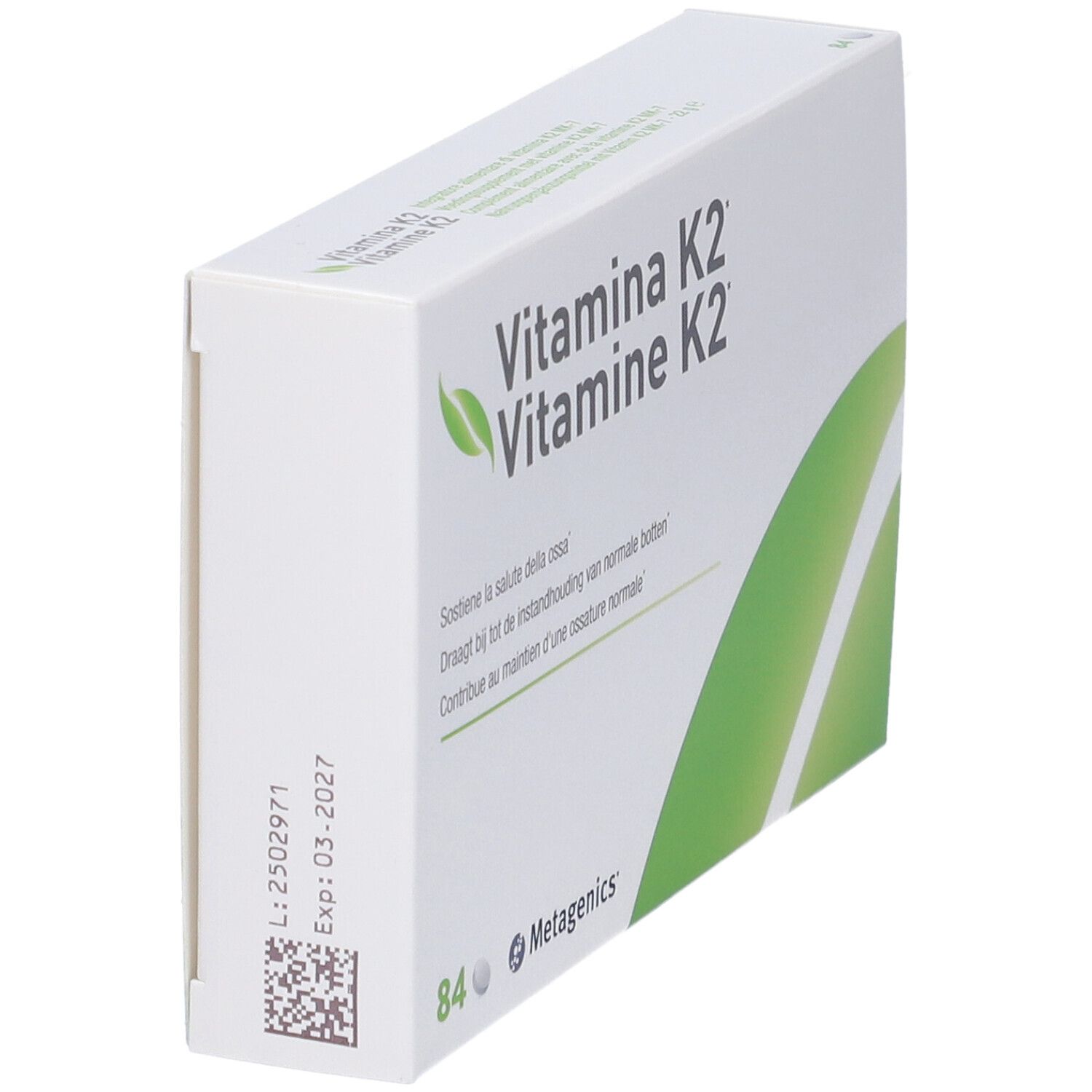 Scatola bianca, vista laterale. Scritta: Vitamina K2, Vitamine K2. Con data di scadenza e numero di lotto.