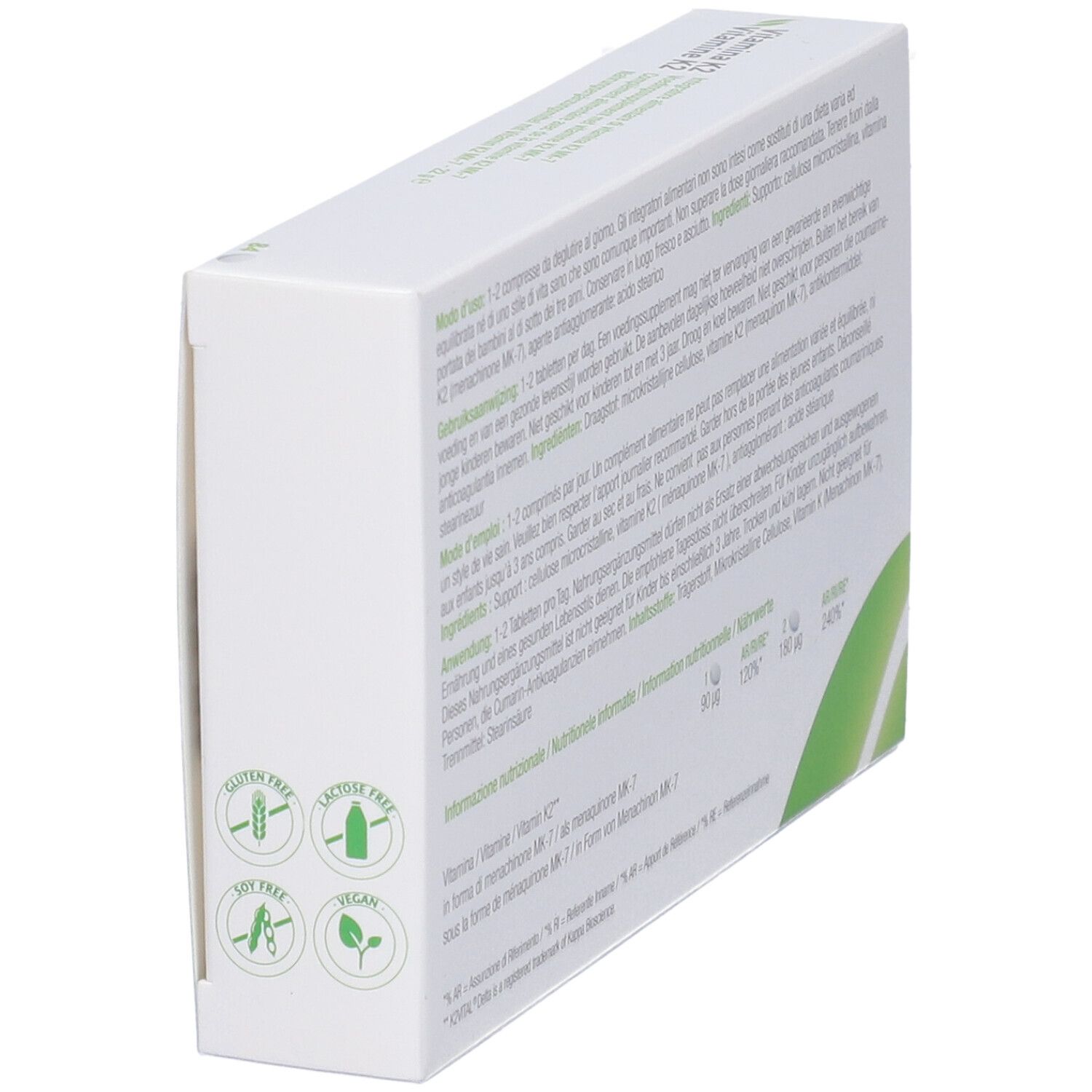 Vista laterale della scatola bianca. Testo multilingue. Con loghi: senza glutine, senza lattosio, senza soia, vegano.