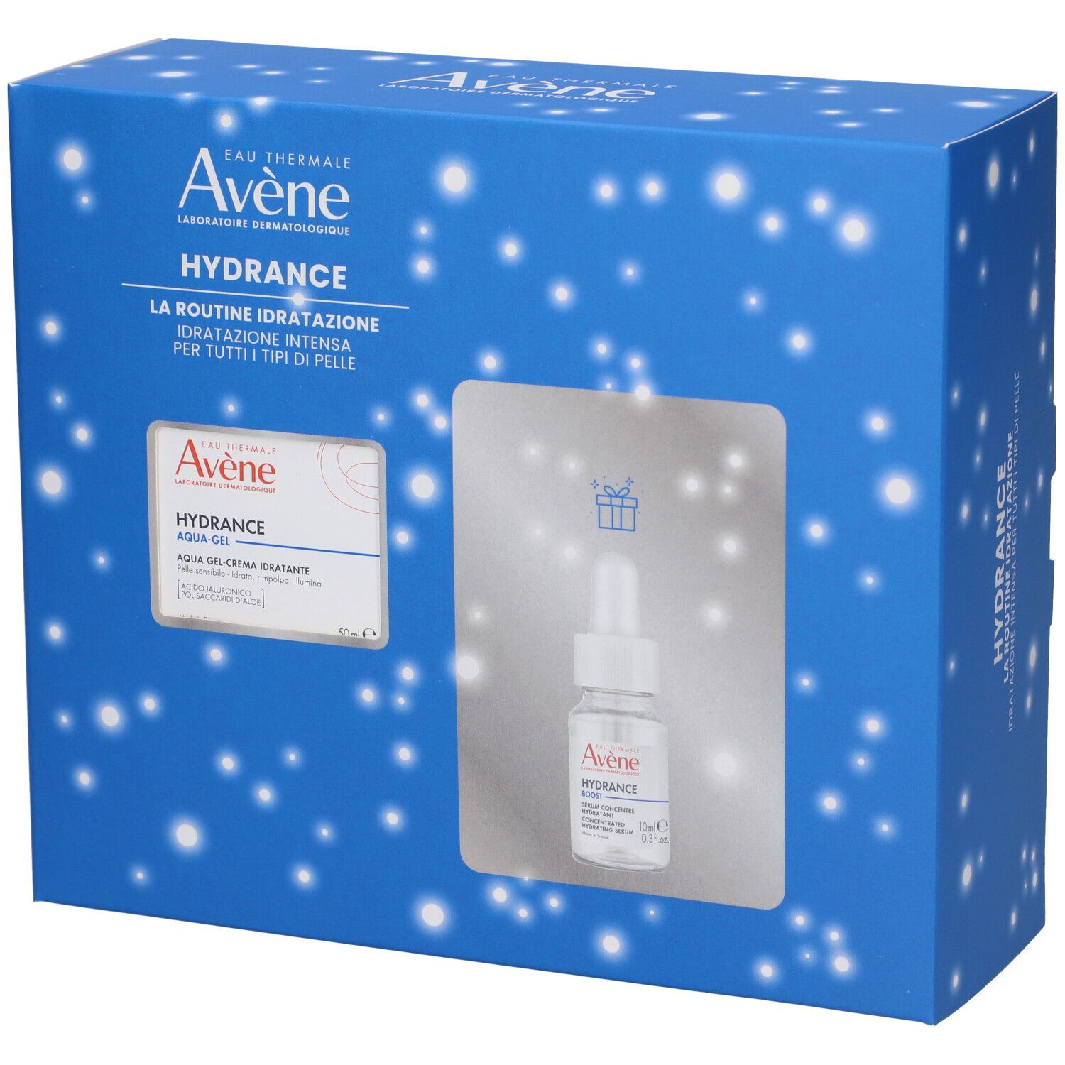 Scatola blu Avène Hydrance. Contiene Aqua-Gel e siero. Logo e nomi dei prodotti visibili.