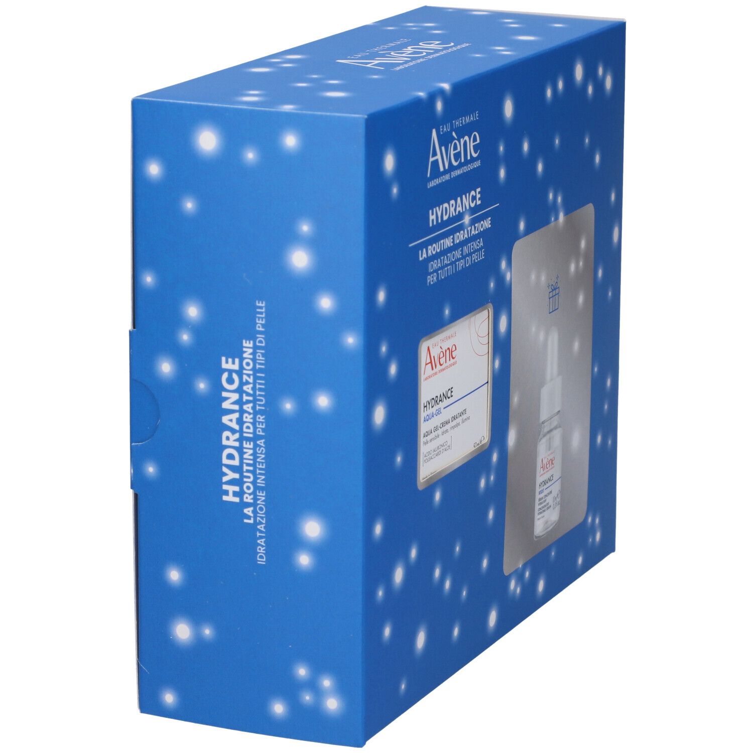 Scatola blu Avène Hydrance. Contiene Aqua-Gel e siero. Logo e nomi dei prodotti visibili.
