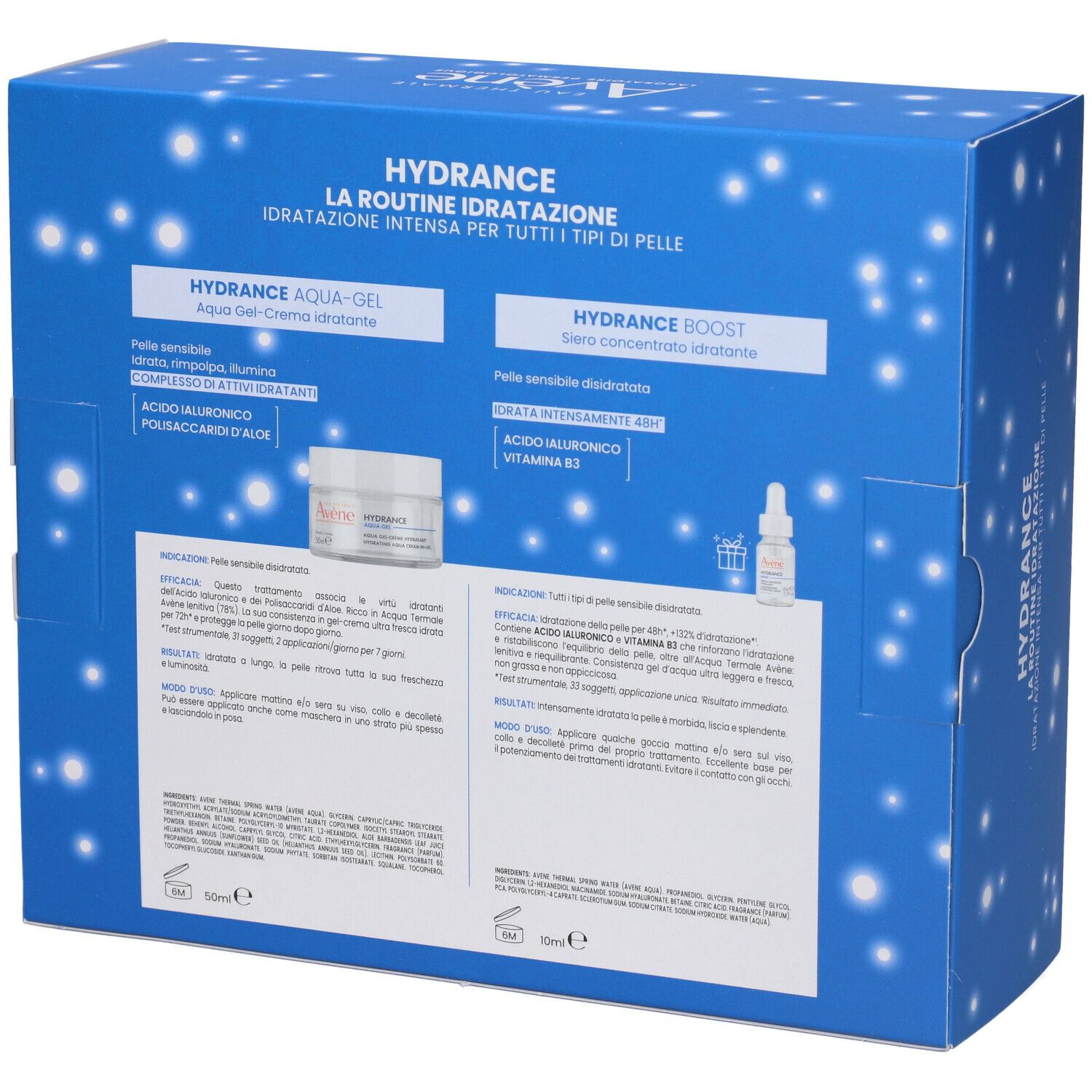 Retro della scatola blu Avène Hydrance. Contiene informazioni sui prodotti e loghi.