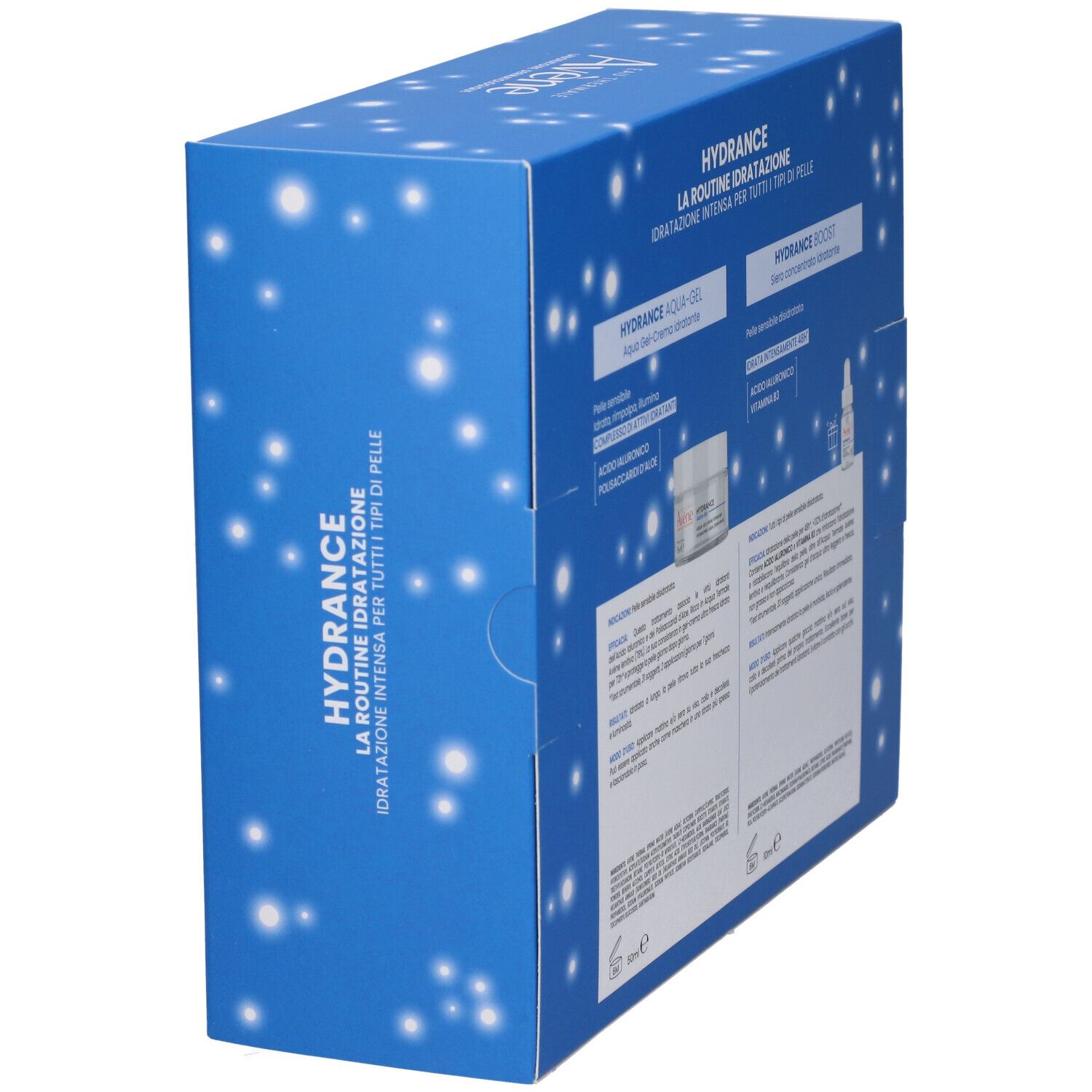 Vista laterale della scatola blu Avène Hydrance. Contiene informazioni sui prodotti e loghi.