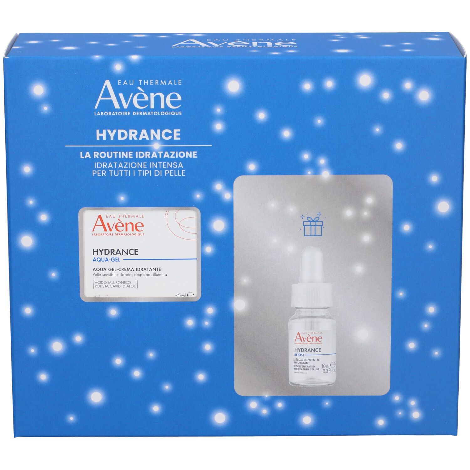 Scatola blu Avène Hydrance. Contiene Aqua-Gel e siero. Logo e nomi dei prodotti visibili.