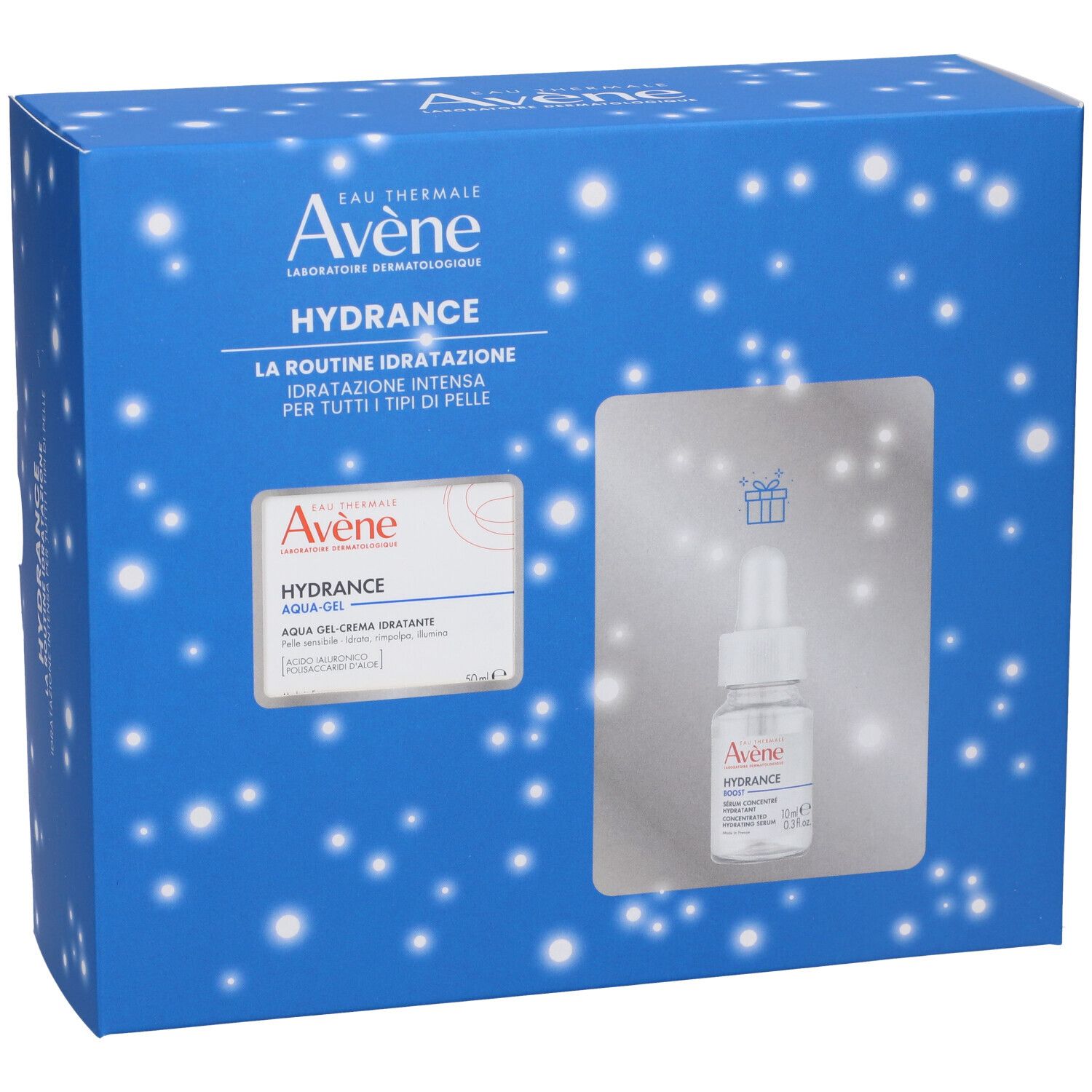 Scatola blu Avène Hydrance. Contiene Aqua-Gel e siero. Logo e nomi dei prodotti visibili.