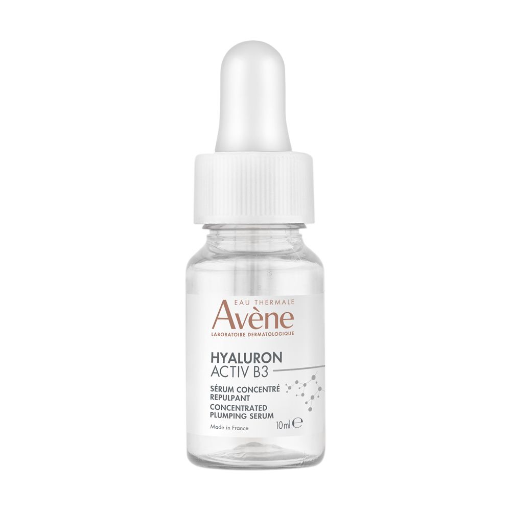 Flacone in vetro Avène Hyaluron Activ B3 Siero. Contagocce. 10ml. Scritta 'Made in France'.