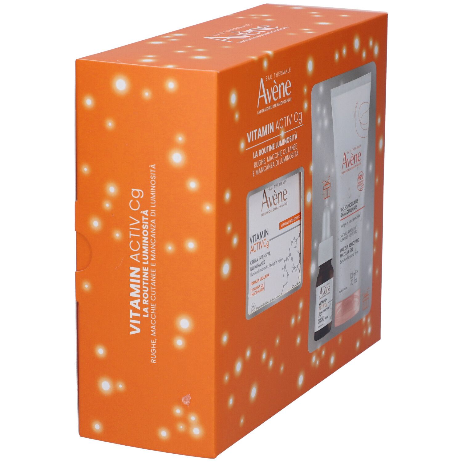 Scatola regalo arancione con prodotti. Vista laterale con nome del prodotto e logo.