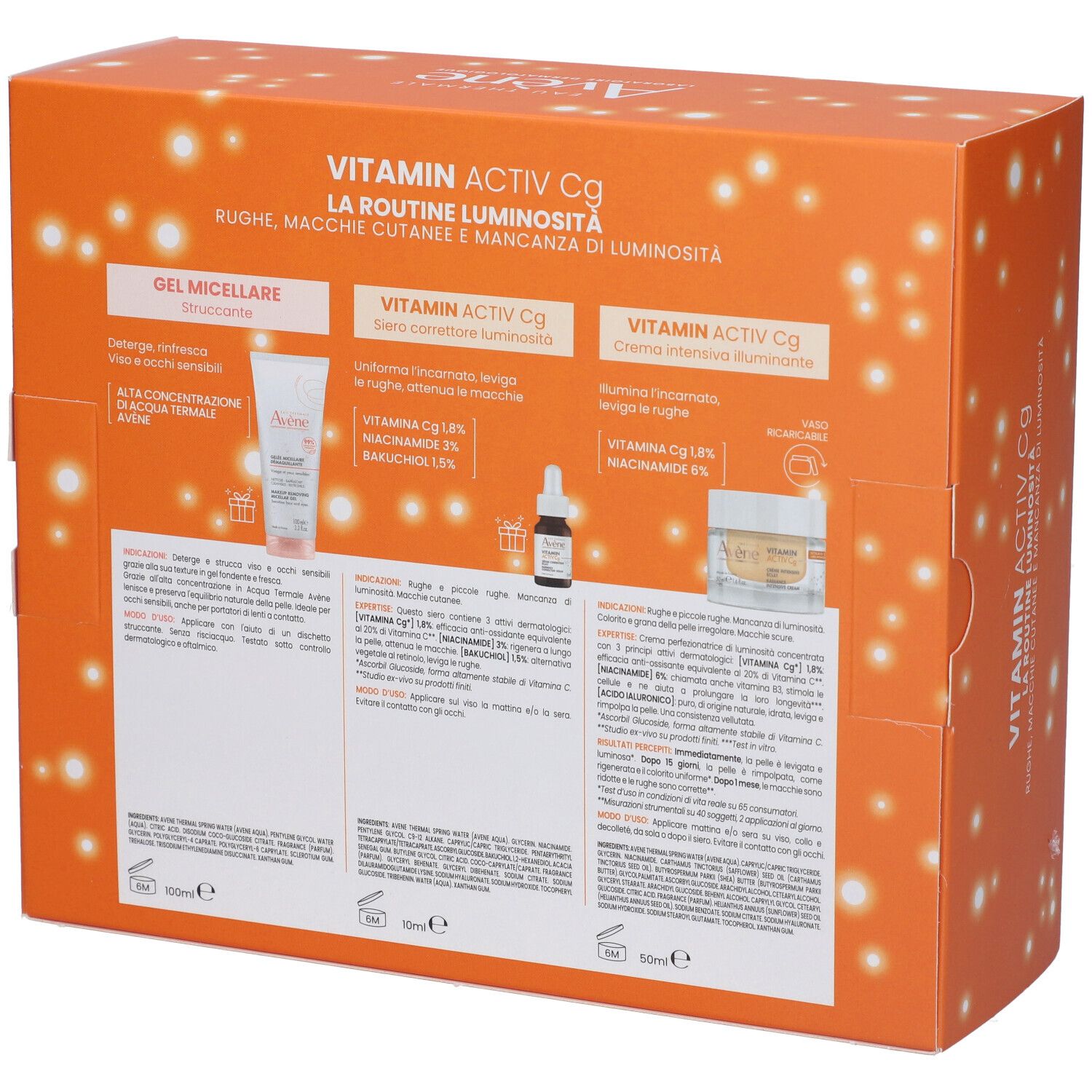 Retro della confezione regalo con informazioni sul prodotto e ingredienti.