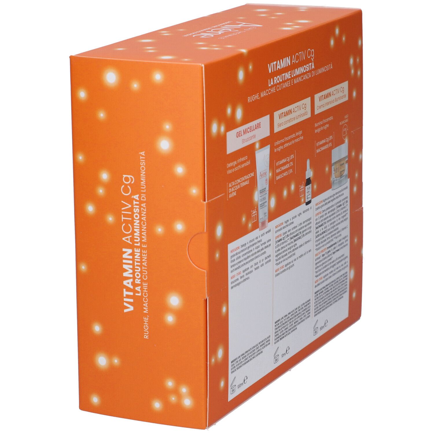 Vista laterale della confezione regalo con informazioni sul prodotto e logo.