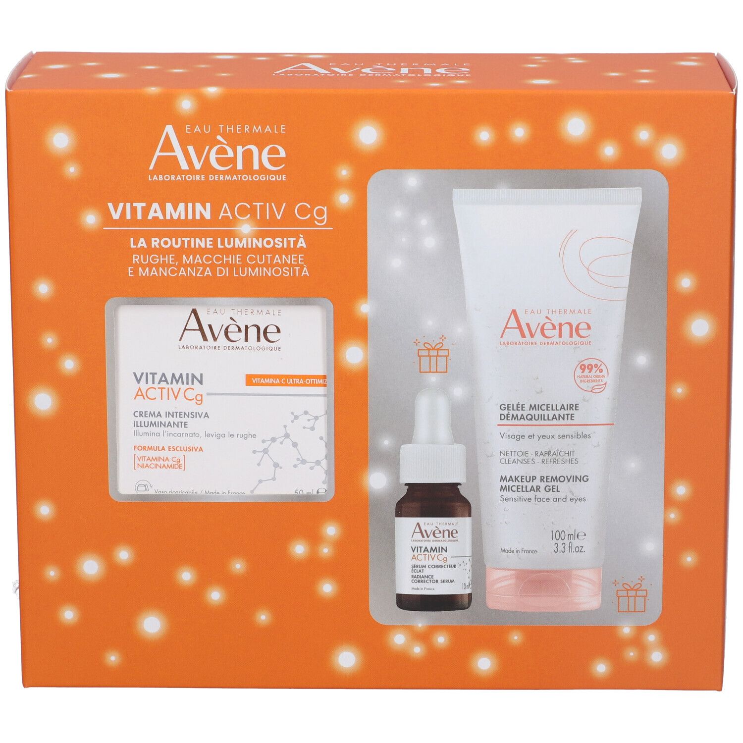 Cofanetto regalo con tre prodotti in una scatola arancione. Prodotti visibili.