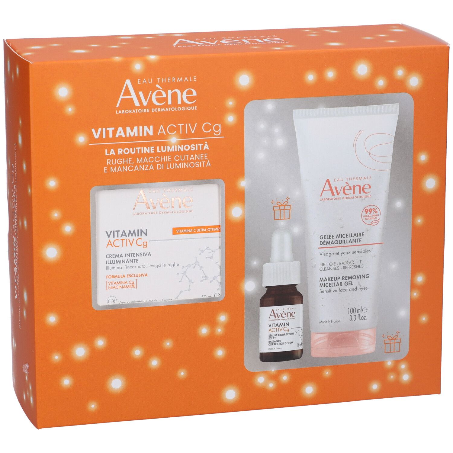 Cofanetto regalo con tre prodotti in una scatola arancione. Prodotti visibili.