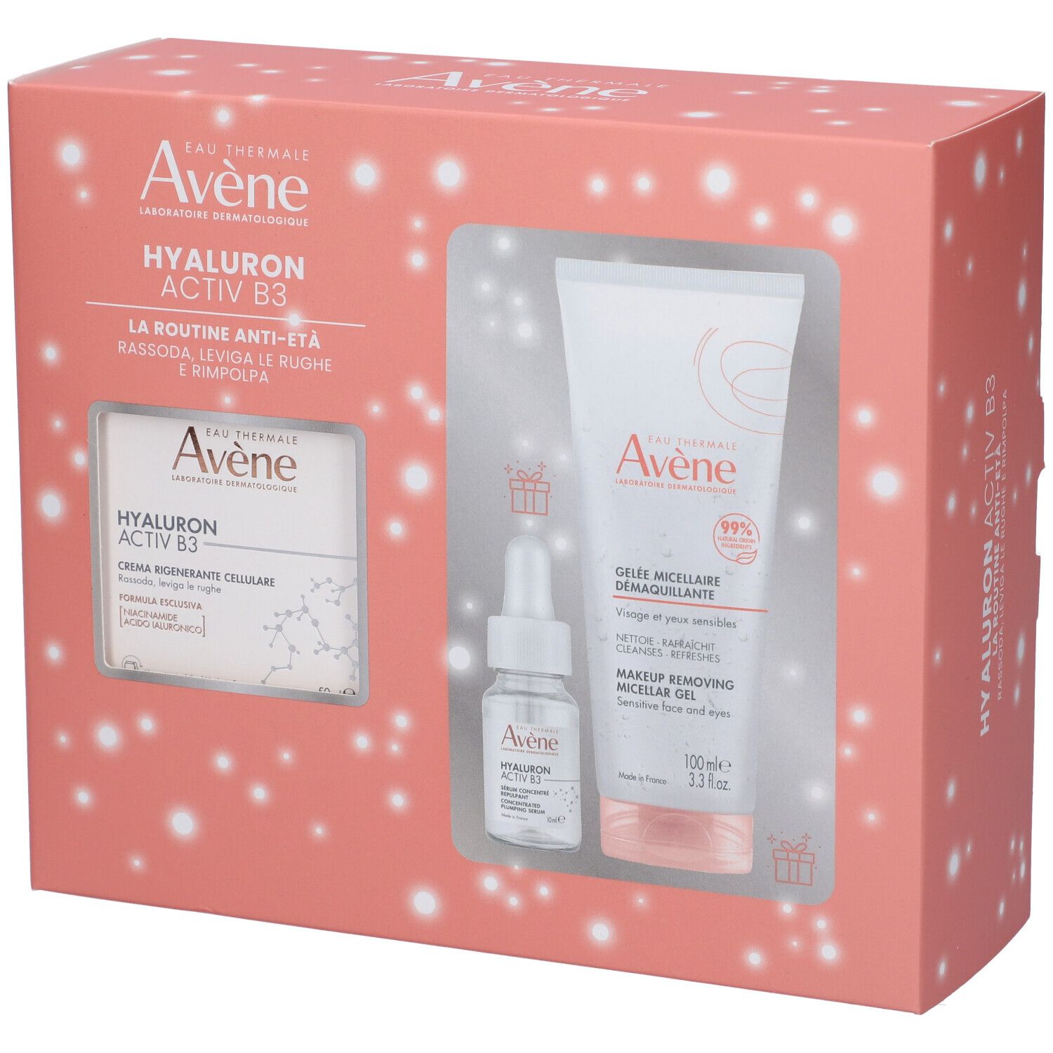 Cofanetto regalo Eau Thermale Avène. Contiene crema, siero e gel detergente. Confezione rosa.