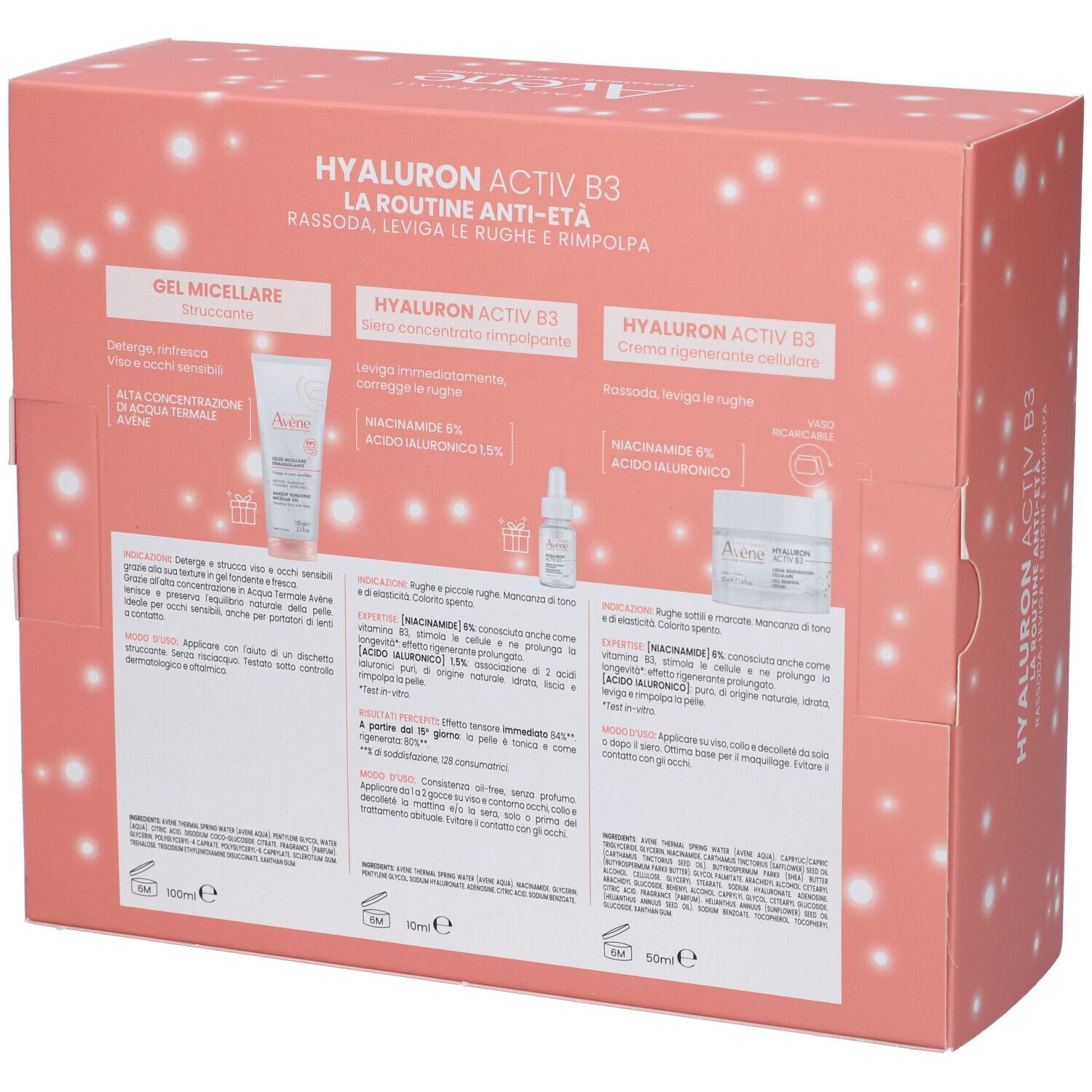 Cofanetto regalo rosa. Contiene prodotti Eau Thermale Avène. Vista laterale con finestra.