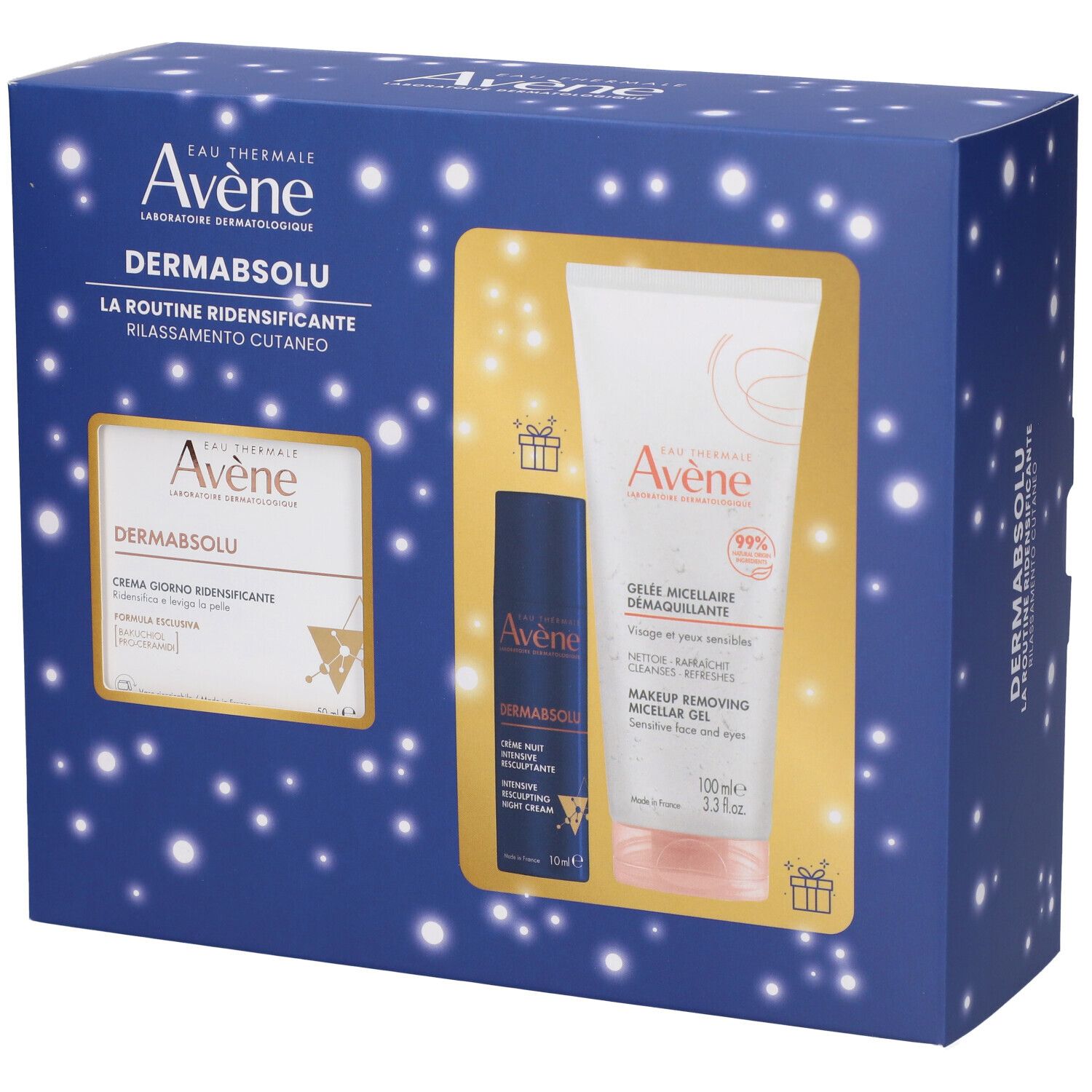 Cofanetto regalo con tre prodotti. Confezione blu con nome e logo.