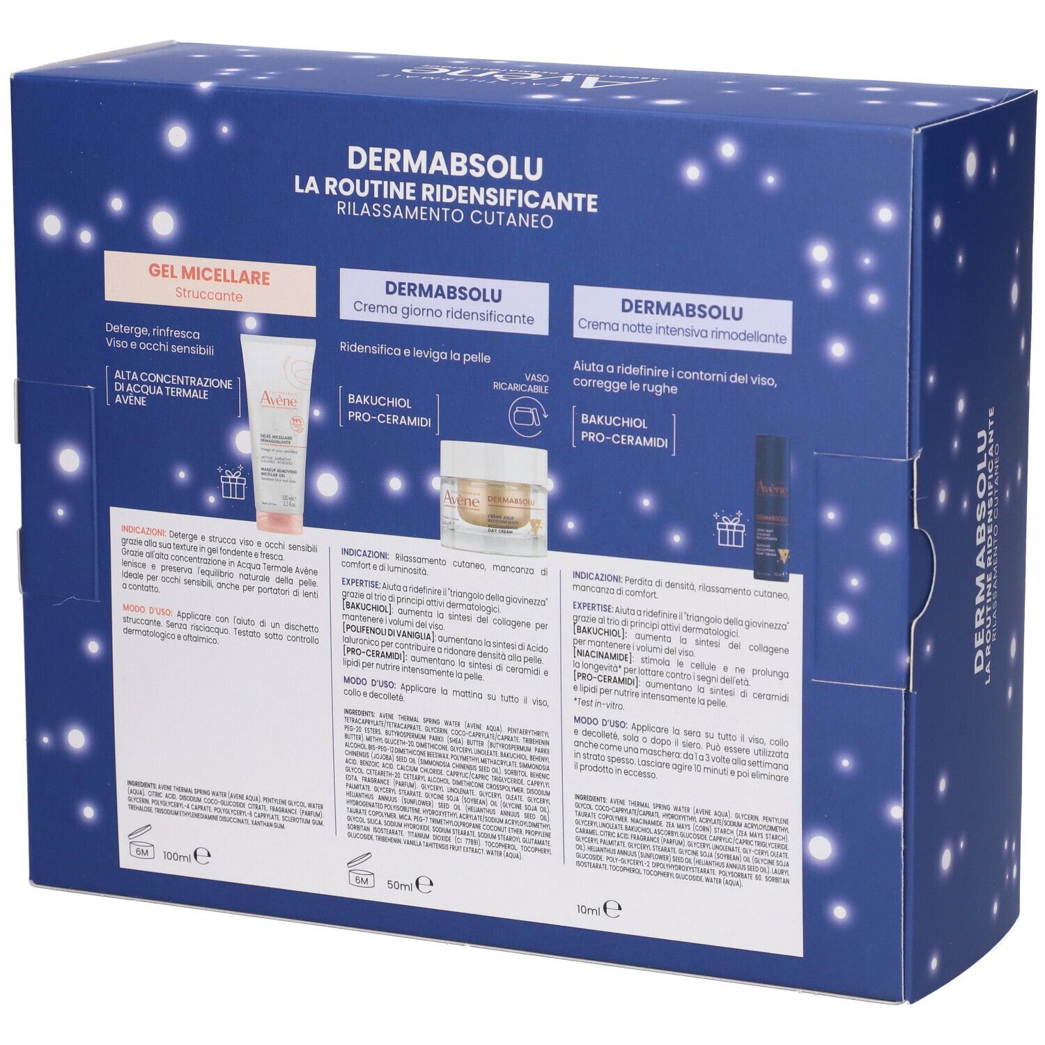 Retro della confezione regalo. Informazioni sul prodotto e loghi visibili.