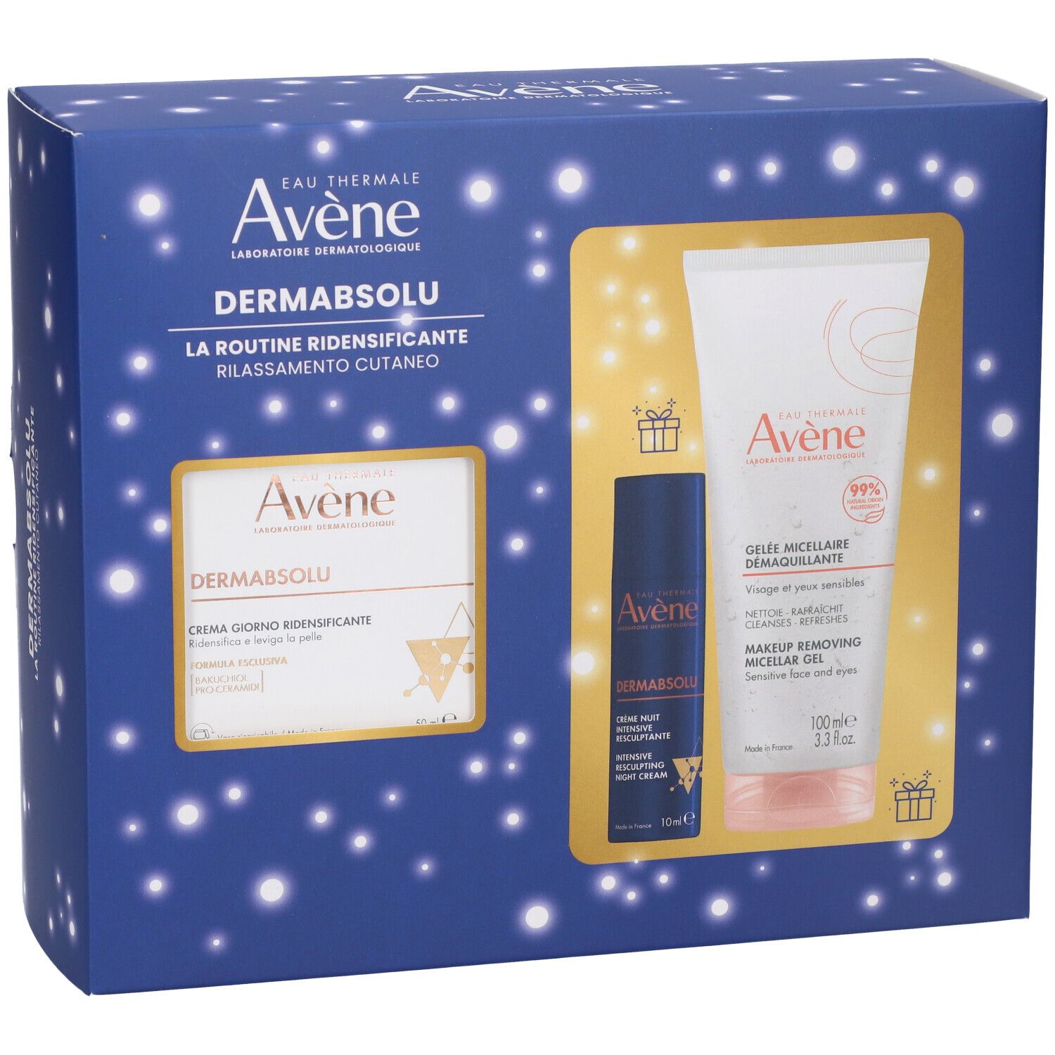 Cofanetto regalo con tre prodotti. Confezione blu con nome e logo.