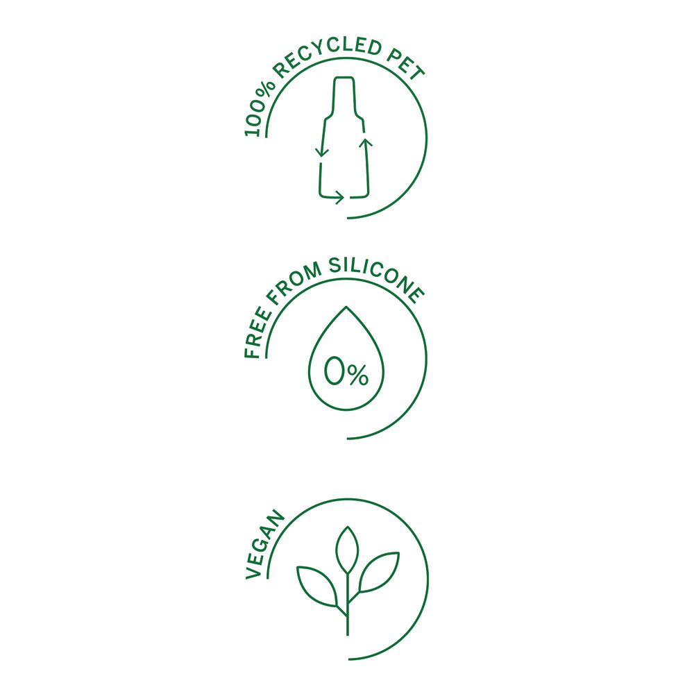 Tre simboli circolari verdi: 100% PET riciclato, senza silicone (0%), vegano.