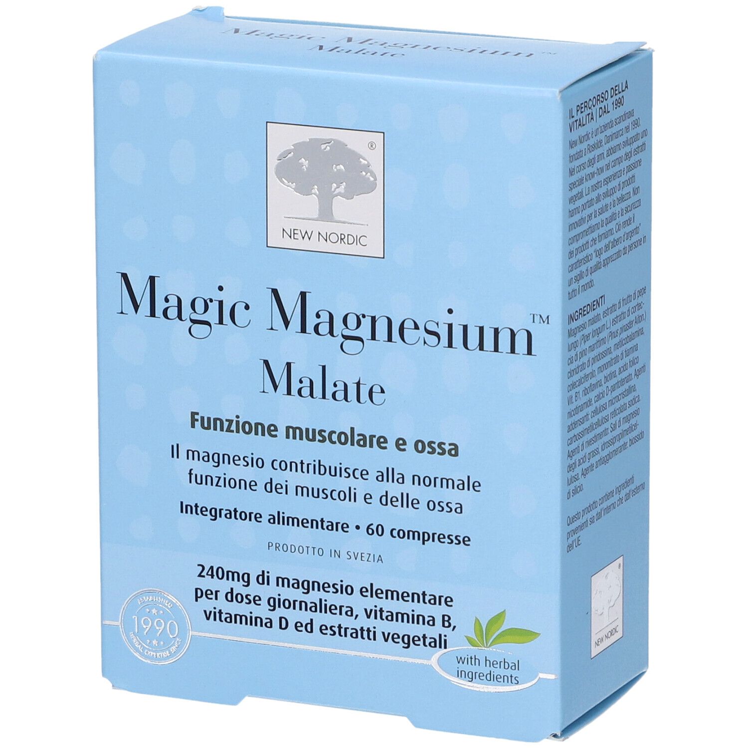 Scatola azzurra Magic Magnesium Malate. Contiene 60 compresse. Marchio New Nordic. Vista angolata.