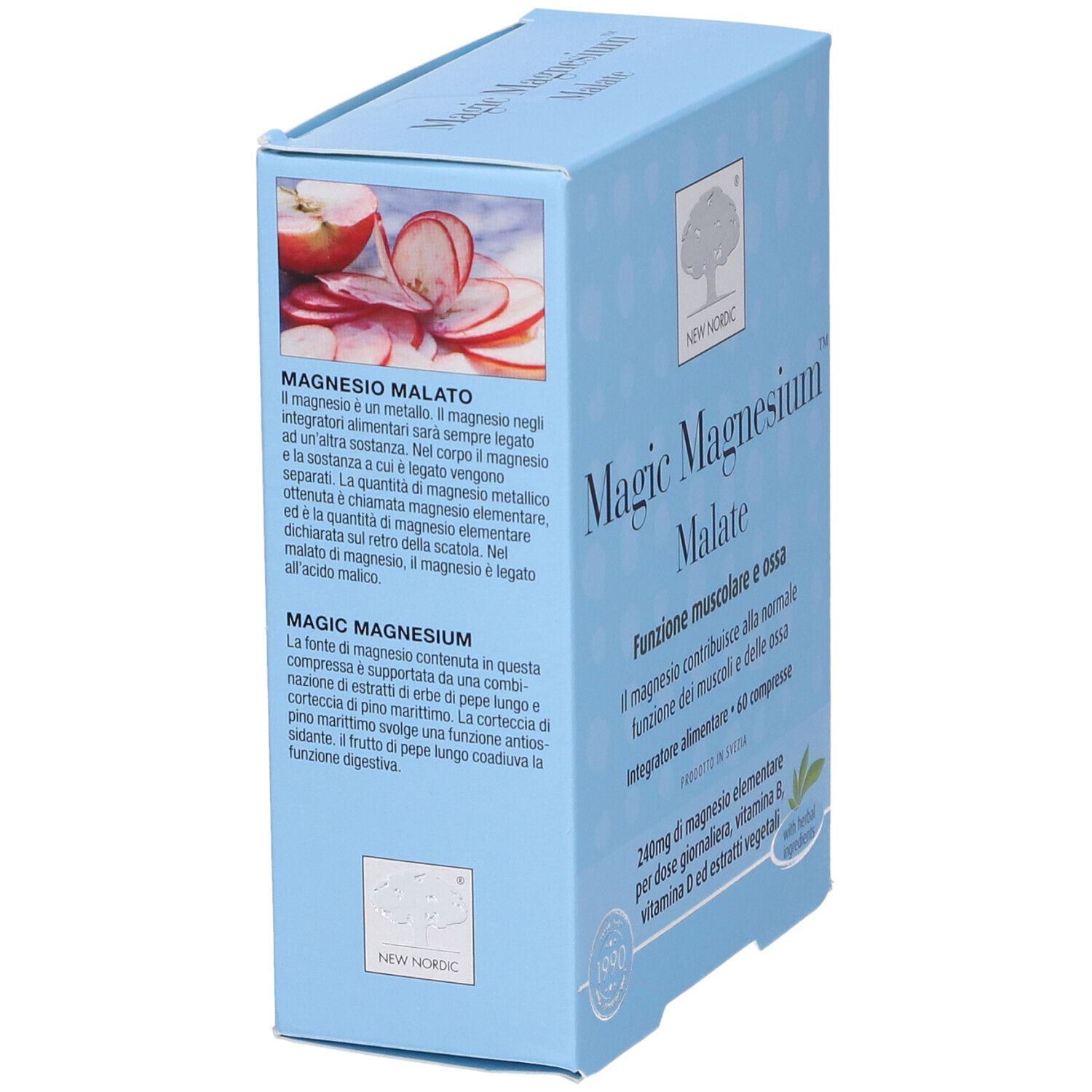 Scatola azzurra Magic Magnesium Malate. Contiene 60 compresse. Marchio New Nordic. Vista angolata.