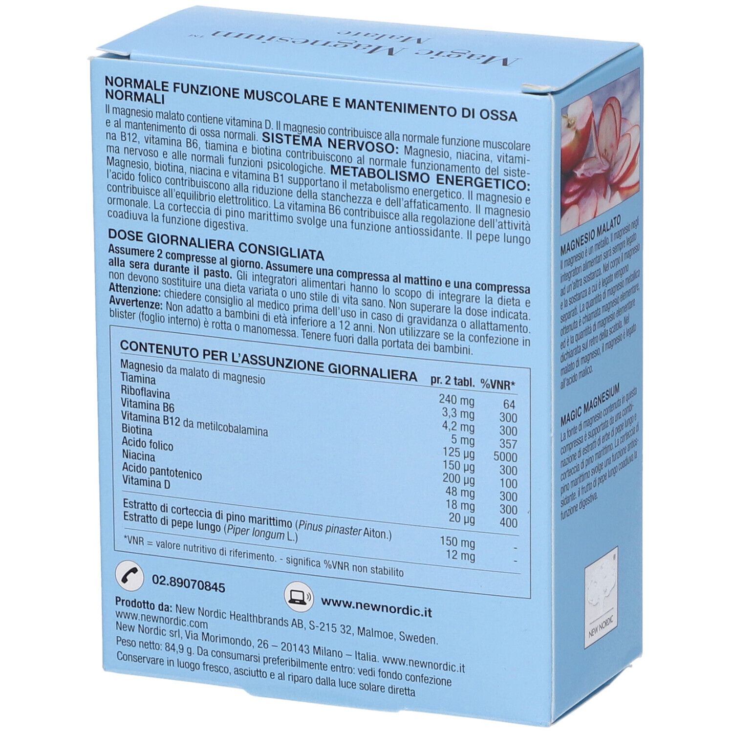 Scatola azzurra Magic Magnesium Malate. Contiene 60 compresse. Marchio New Nordic. Vista angolata.