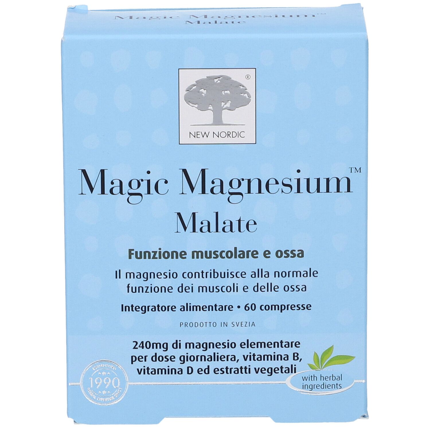 Scatola azzurra Magic Magnesium Malate. Contiene 60 compresse. Marchio New Nordic. Vista angolata.