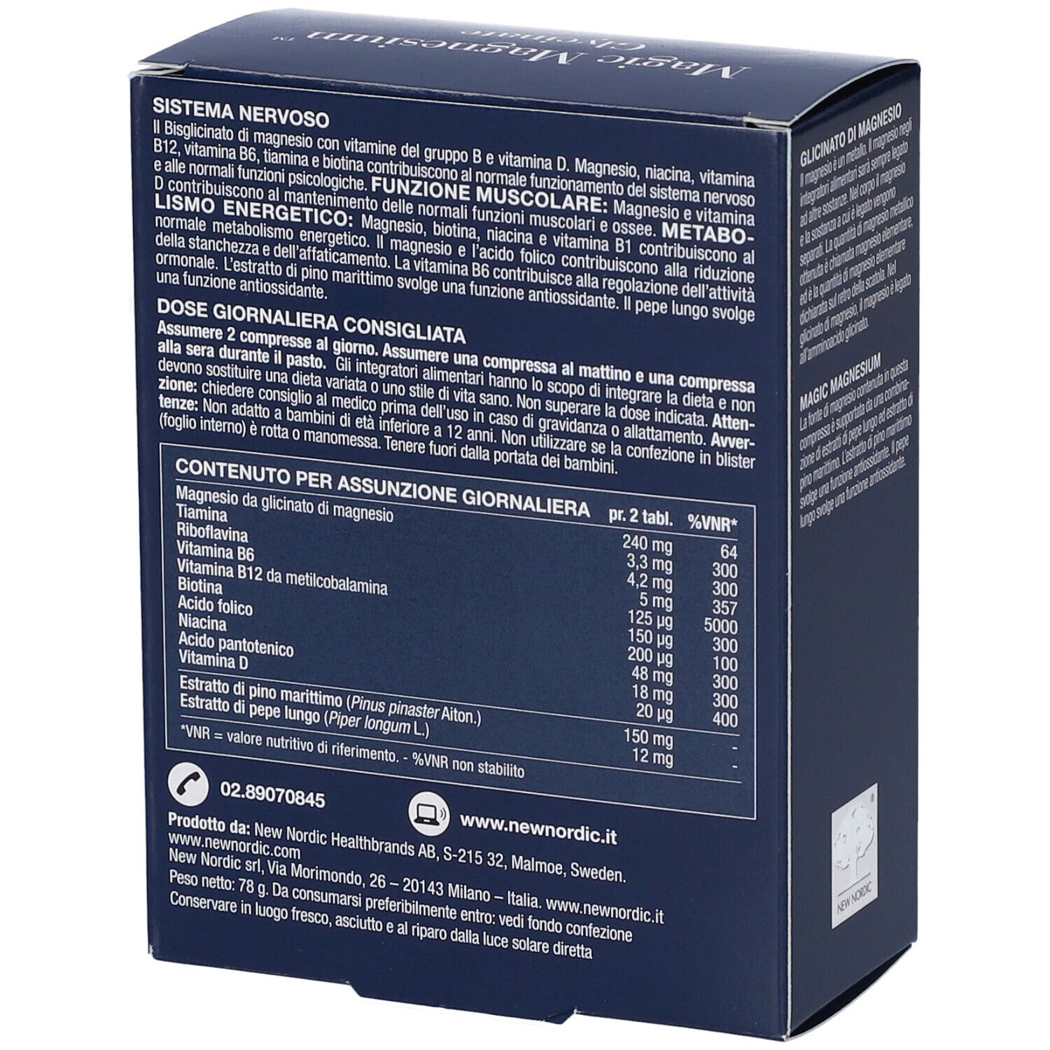 Retro della scatola blu scuro. Testo in italiano, informazioni sugli ingredienti e sul produttore.